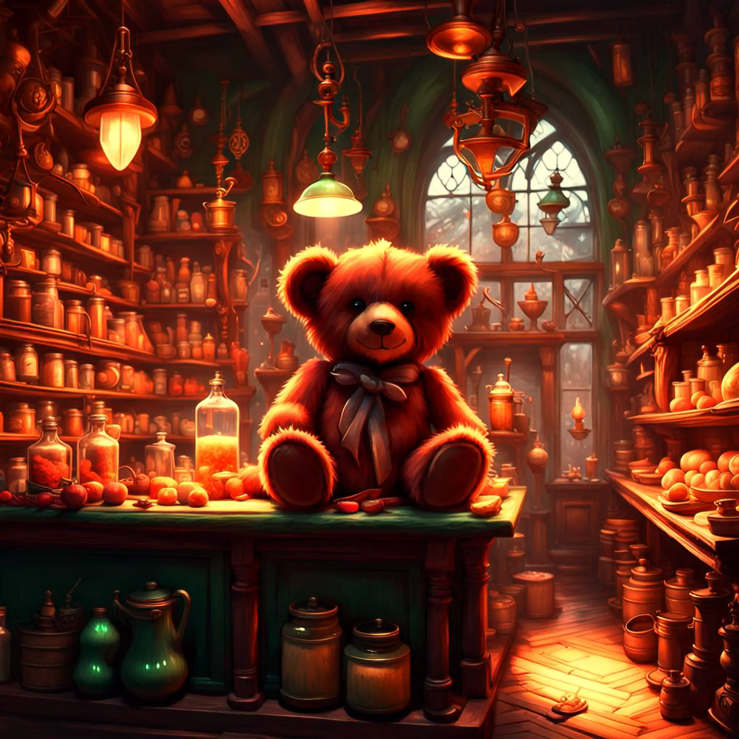 Ein niedlicher, brauner Teddybär – der Bär als Berliner Wappentier, Geborgenheit, Sicherheit und Vertrauen vermittelnd – sitzt in einer zauberhaften, grün-braun getönten, antik wirkenden Gewürzhandlung mit hängenden Lampen und Regalen voller oranger Flasc