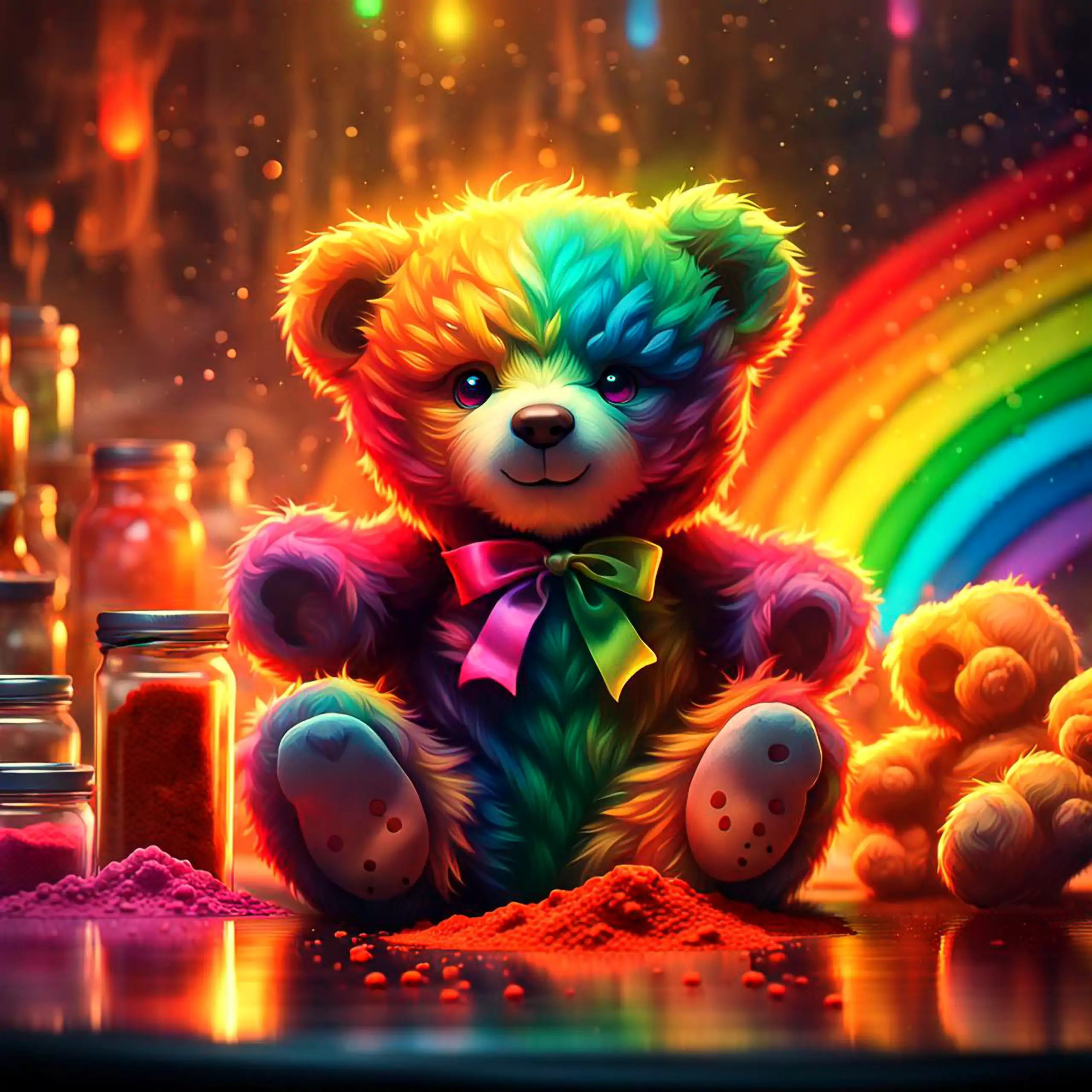 Ein verspielter, regenbogenfarbener Teddybär – das Berliner Wappentier als liebevoll gestaltetes Plüschtier – sitzt in einem fantasievollen in seinem bunten Pelz mit einer leuchtend bunten Schleife um den Hals in einer mystischen Werkstatt, umgeben von ve