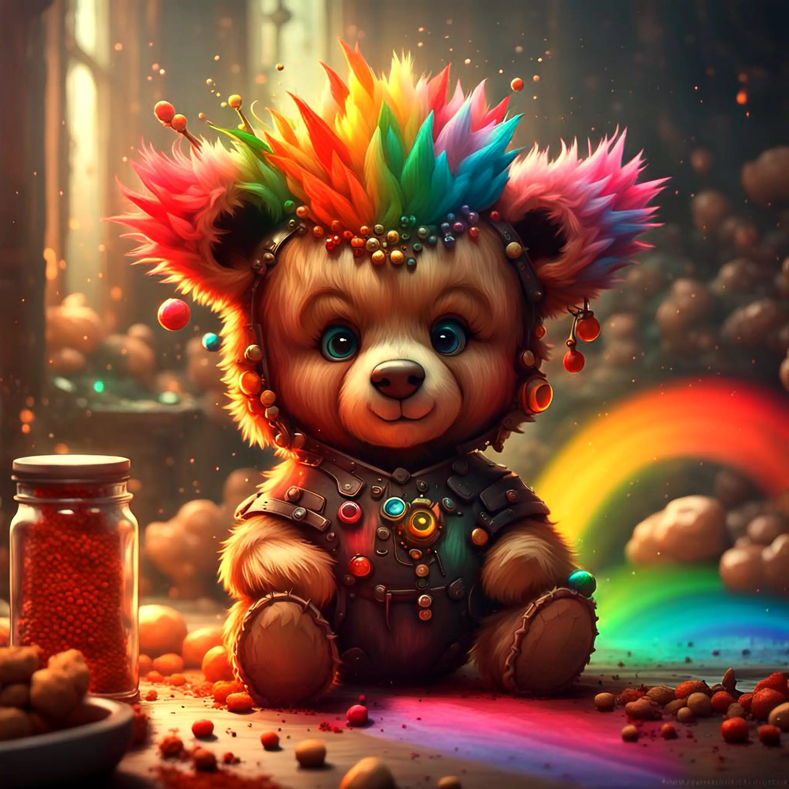 Ein verspielter, regenbogenfarbener Teddybär – das Berliner Wappentier als buntes und verspieltes Plüschtier, Vielfalt und Leidenschaft symbolisierend – sitzt in einem fantasievollen LARP-Cosplay mit buntem Mohawk, Steampunk-Rüstung und Juwelen, umgeben v
