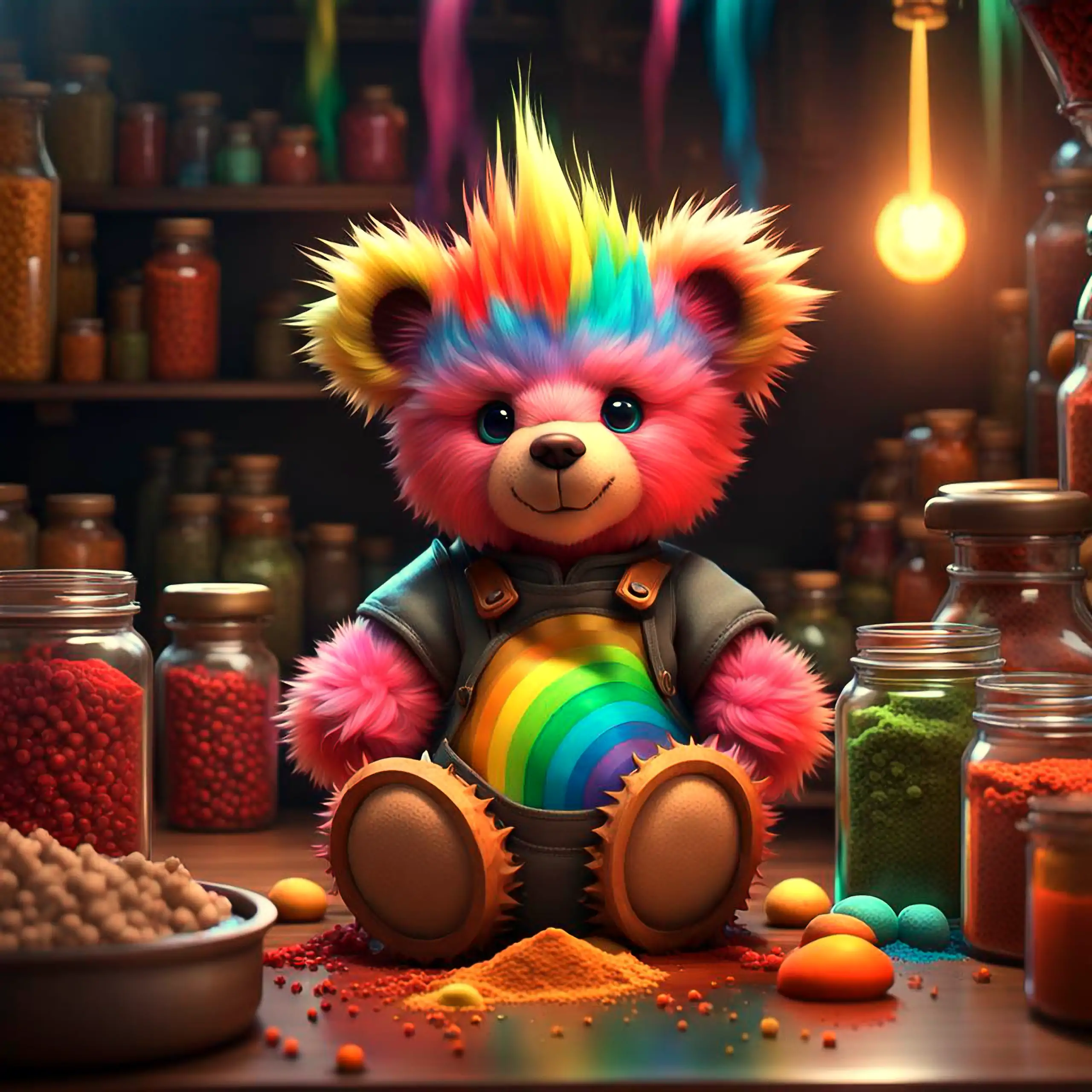 Ein verspielter, regenbogenfarbener Teddybär – das ikonische Berliner Wappentier, das Geborgenheit, Vertrauen und Herzlichkeit vermittelt – sitzt in einem fantasievollen Cosplay-Stil mit pinkem Mohawk und Lederweste in einer mystischen Gewürzwerkstatt, um