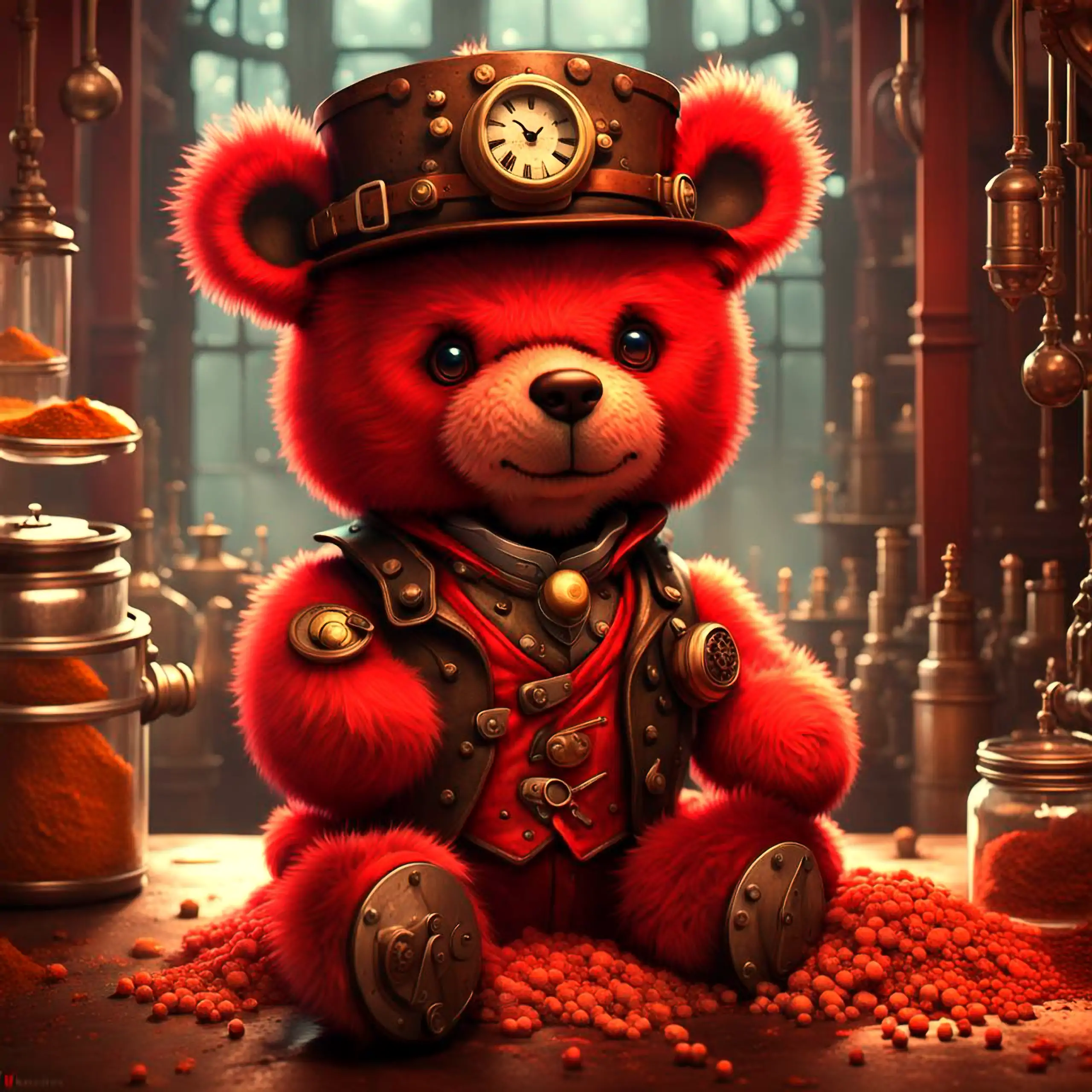 Ein eleganter, roter Teddybär – das Berliner Wappentier als fantasievolles Kuscheltier – sitzt in einem extravaganten Steampunk-Cosplay-Kostüm mit Kapitäns-Hut, Uhr, Lederjacke und Zahnrädern in einer mystischen Alchemistenwerkstatt, umgeben von Gläsern u