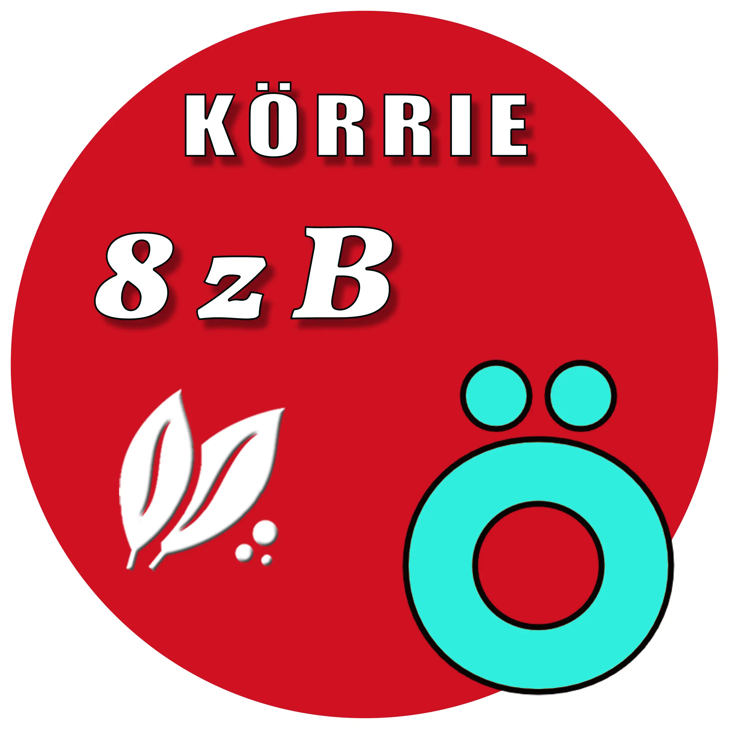 Produkt-Button für Körrie 8zB | Der Körrie-Booster: Ein leuchtend roter, runder Button mit weißem Text "KÖRRIE 8zB", stilisierten Blättern und einem prominenten "Ö"-Symbol (das "Ö" aus dem Logo von "Körrie - die ehrlichen Gewürzmischungen"), symbolisieren