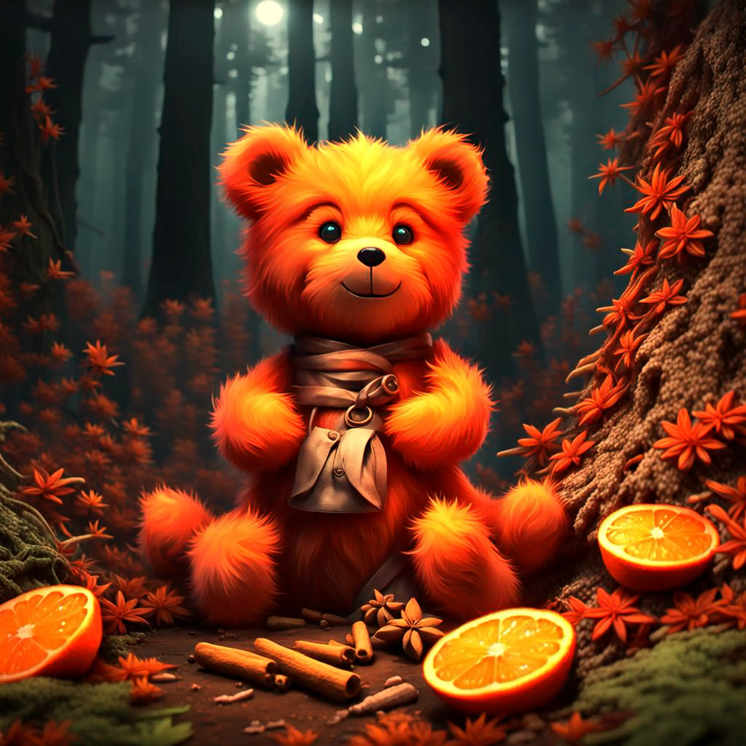 Ein charmanter, orangefarbener Teddybär – das Berliner Wappentier als Kuscheltier, Geborgenheit, Sicherheit und Wohlgefühl bietend – sitzt in einer zauberhaften, mondbeleuchteten Waldszene, umgeben von frischen Orangenscheiben, Zimtstangen, Sternanis und 
