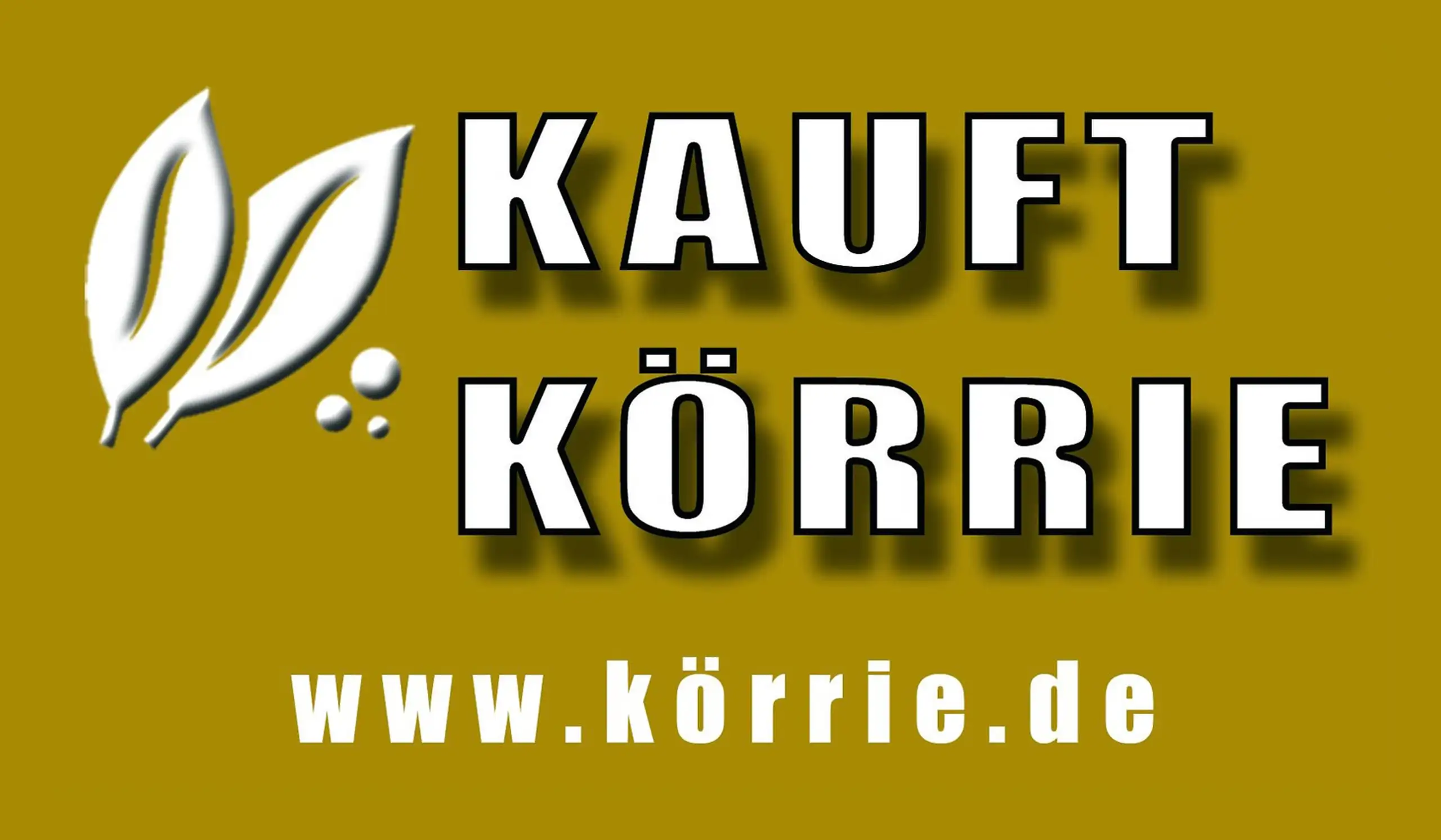 Vorlagegrafik des Körrie-Fan-Aufklebers "Kauft Körrie": Eine goldene, rechteckige Voransicht der Vorlagegrafik als Ansicht des Aufklebers, mit weißem Blatt-Logo, dem prominenten Claim "KAUFT KÖRRIE" in fetter Typografie und der Website www.körrie.de, die 