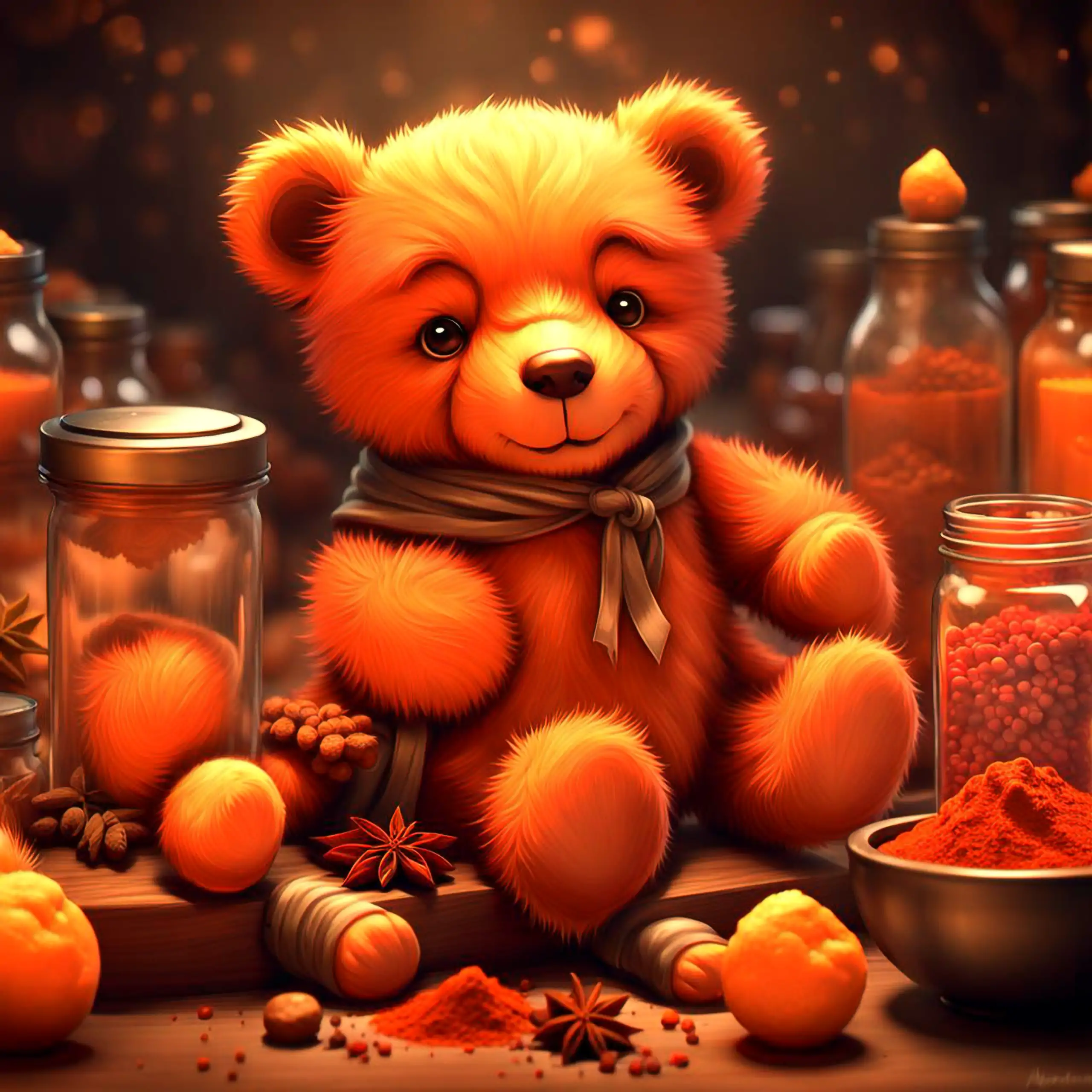Ein charmanter, oranger Teddybär – das Berliner Wappentier, als Plüschtier pure Geborgenheit, Vertrauen und herzerwärmende Behaglichkeit vermittelnd – sitzt in einer warm beleuchteten Szene umgeben von Gewürzgläsern mit orangen und roten Pulvern, frischen
