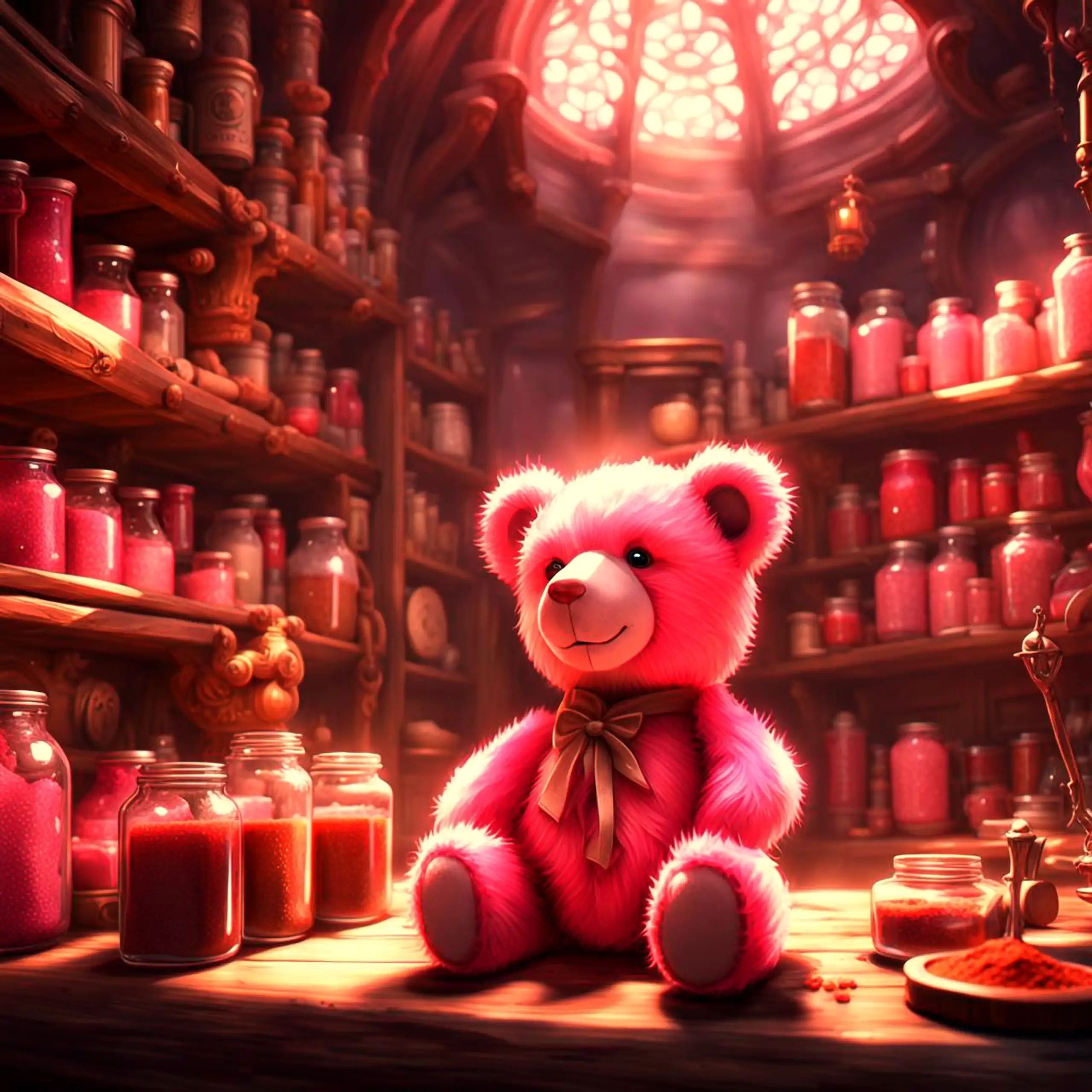 Ein zauberhafter, pinker Teddybär – das Berliner Wappentier als Kuscheltier, pure Geborgenheit, Vertrauen und herzerwärmendes Wohlgefühl vermittelnd – sitzt in einer mystischen, rundum beleuchteten Gewürzhandlung mit Regalen voller pinker und roter Gläser