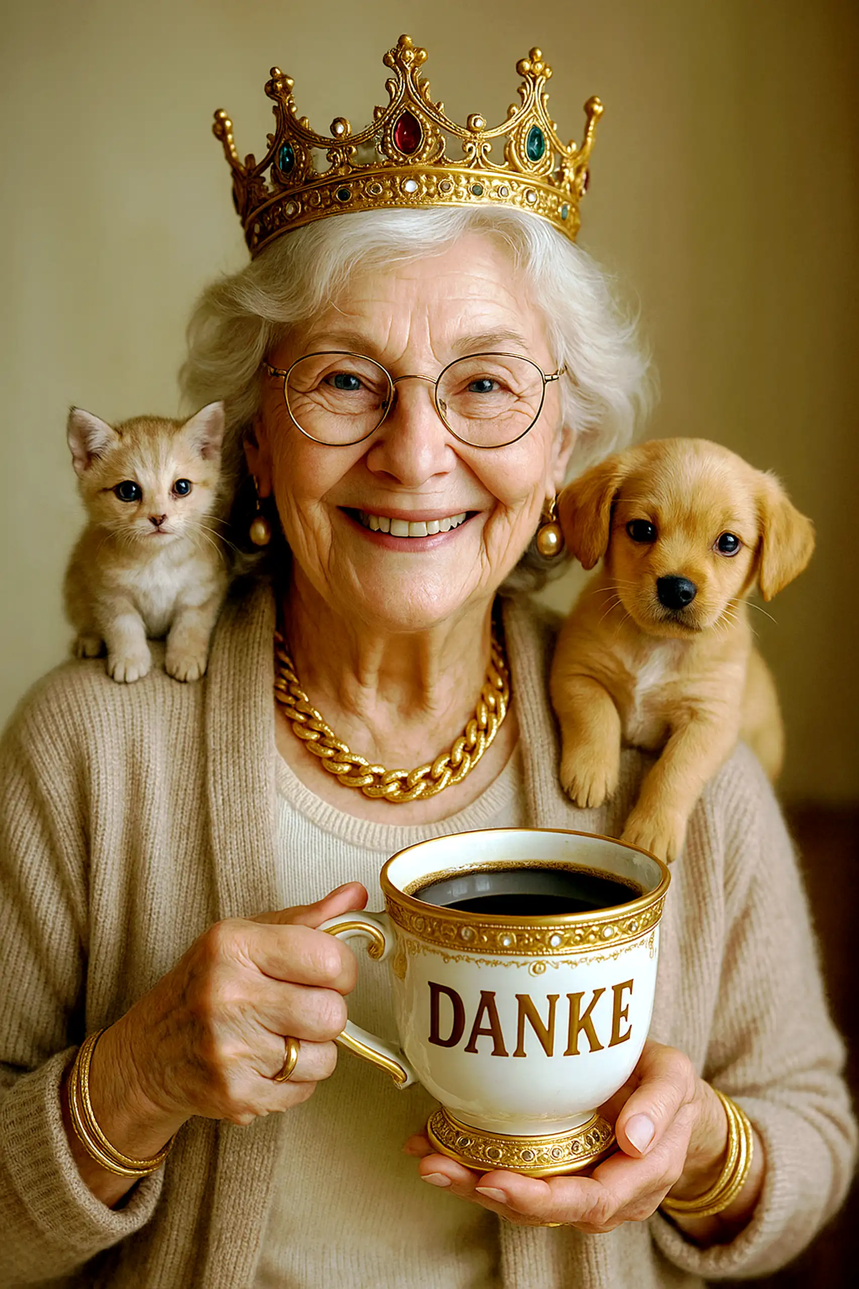 Eine ältere Dame mit silbergrauem Haar und Brille mit hellen runden Gläsern schenkt ein zärtliches, liebevolles Lächeln, während sie eine exquisite Tasse mit goldenen Ornamenten und der Aufschrift "DANKE", gefüllt mit duftendem Kaffee, auf einer eleganten