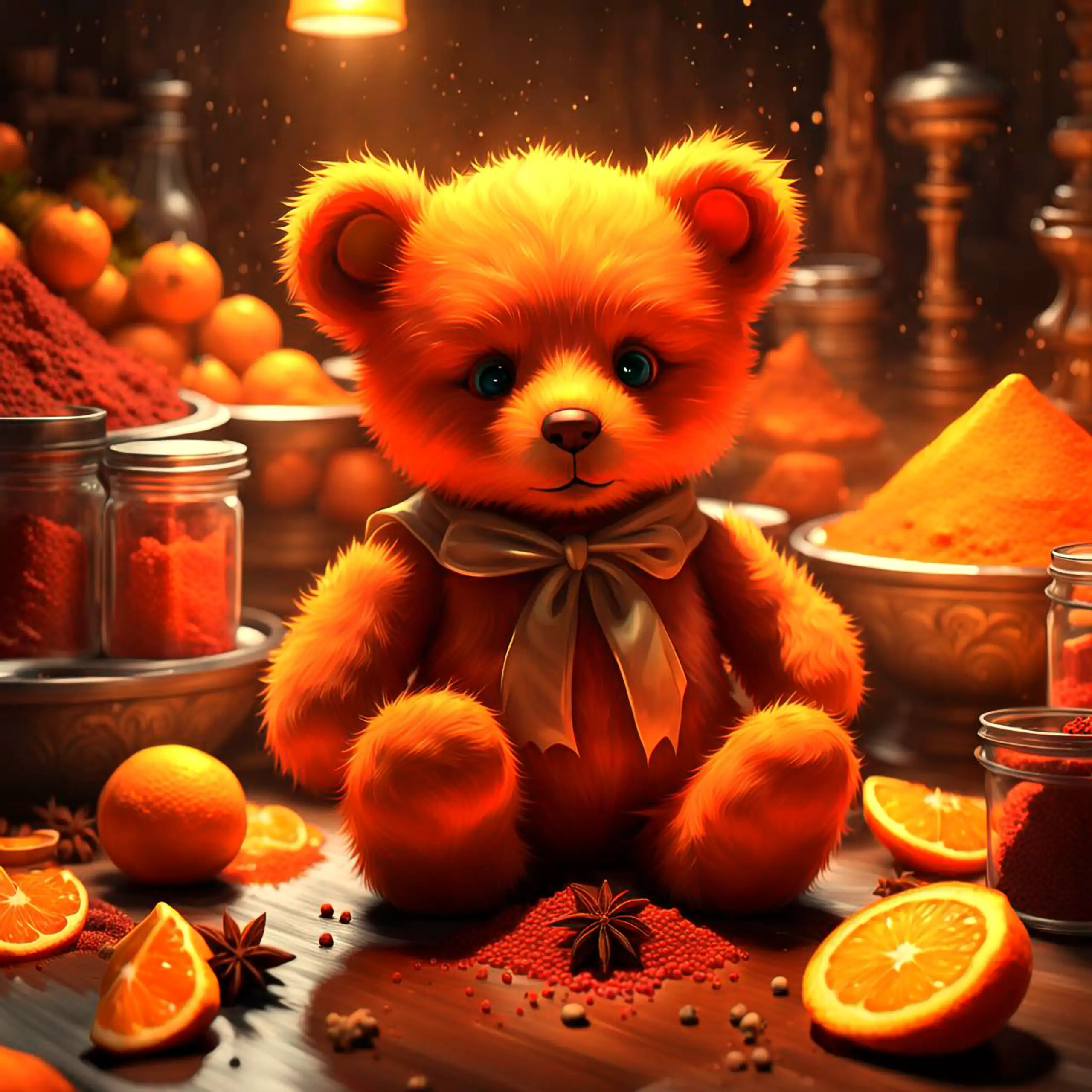 Ein charmanter, oranger Teddybär – das Berliner Wappentier als liebevolles Kuscheltier – sitzt in einer warm beleuchteten, mystischen Szene umgeben von leuchtenden Orangen, Schalen mit gelbem und rotem Gewürzpulver, Gläsern mit orangen Inhalten, Sternanis