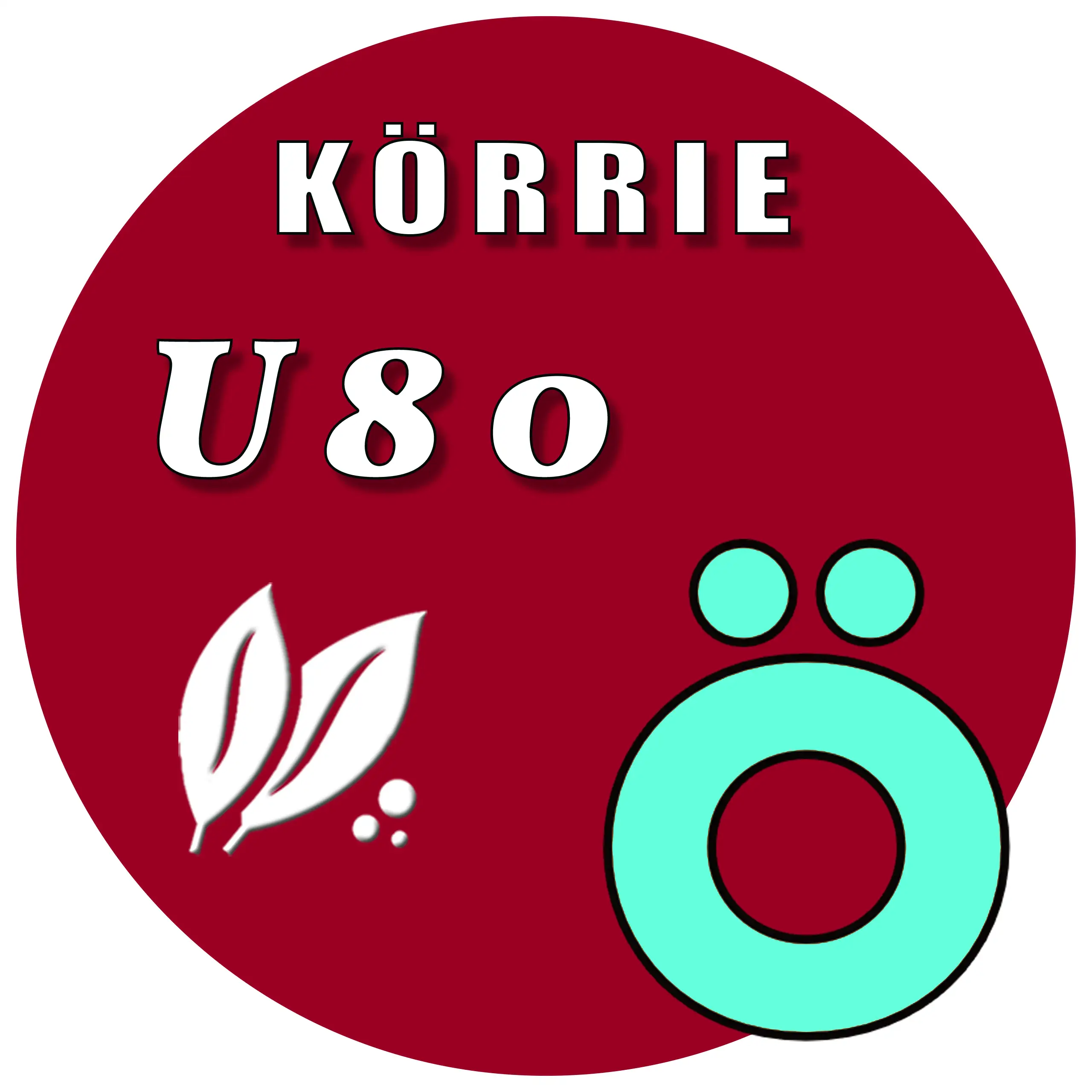 Produkt-Button für Körrie U80 | Das Ultimative: Ein karminroter, runder Button mit weißem Text "KÖRRIE U80", stilisierten Blättern und einem prominenten "Ö"-Symbol (das "Ö" aus dem Logo von "Körrie - die ehrlichen Gewürzmischungen"), symbolisierend natürl