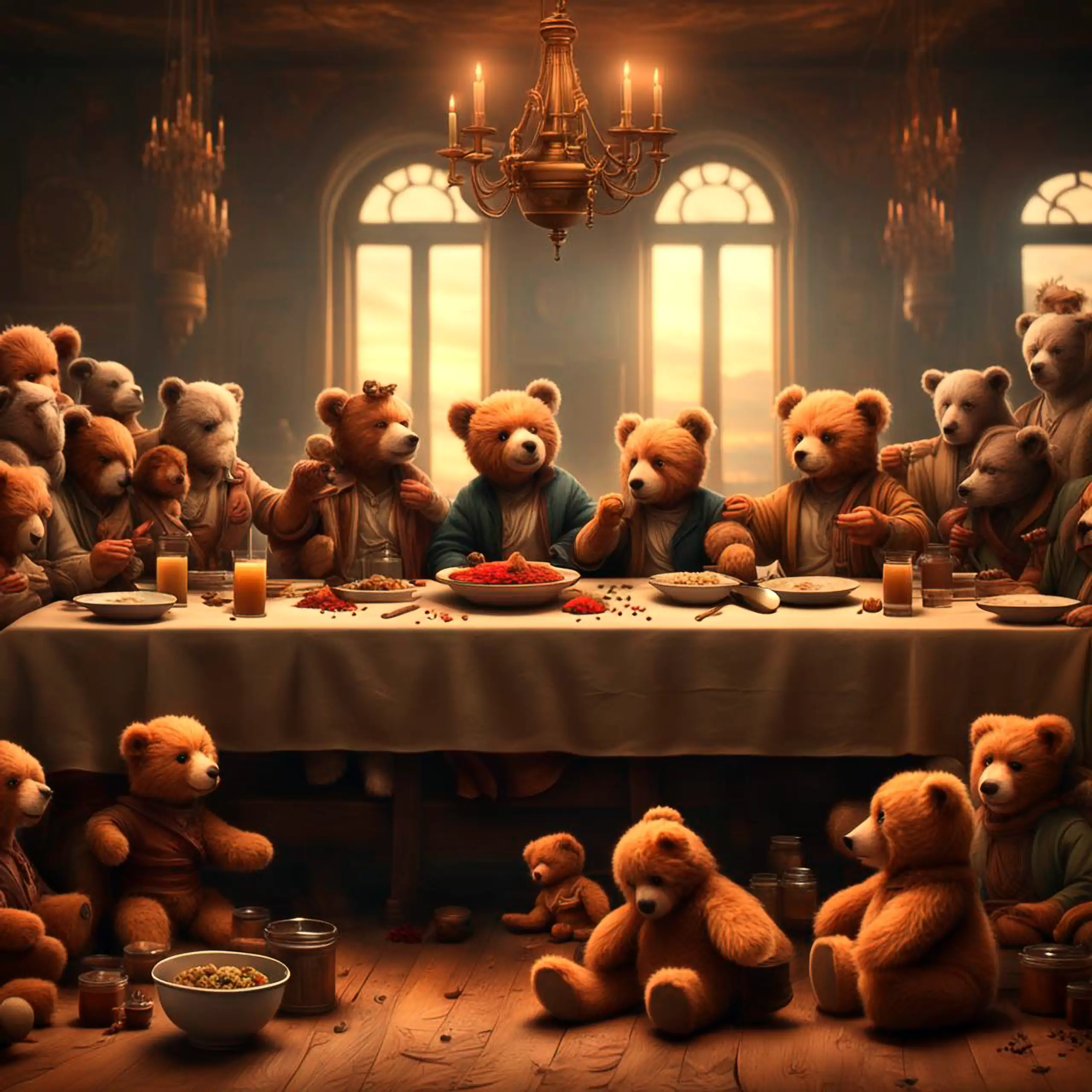 Eine Gruppe freundlicher Teddybären – Bären als Wappentiere Berlins, wo die ehrlichen Gewürzmischungen hergestellt werden – steht, inspiriert von Leonardo da Vincis Meisterwerk "Das Letzte Abendmahl", in einer majestätischen, kerzenbeleuchteten gotischen 