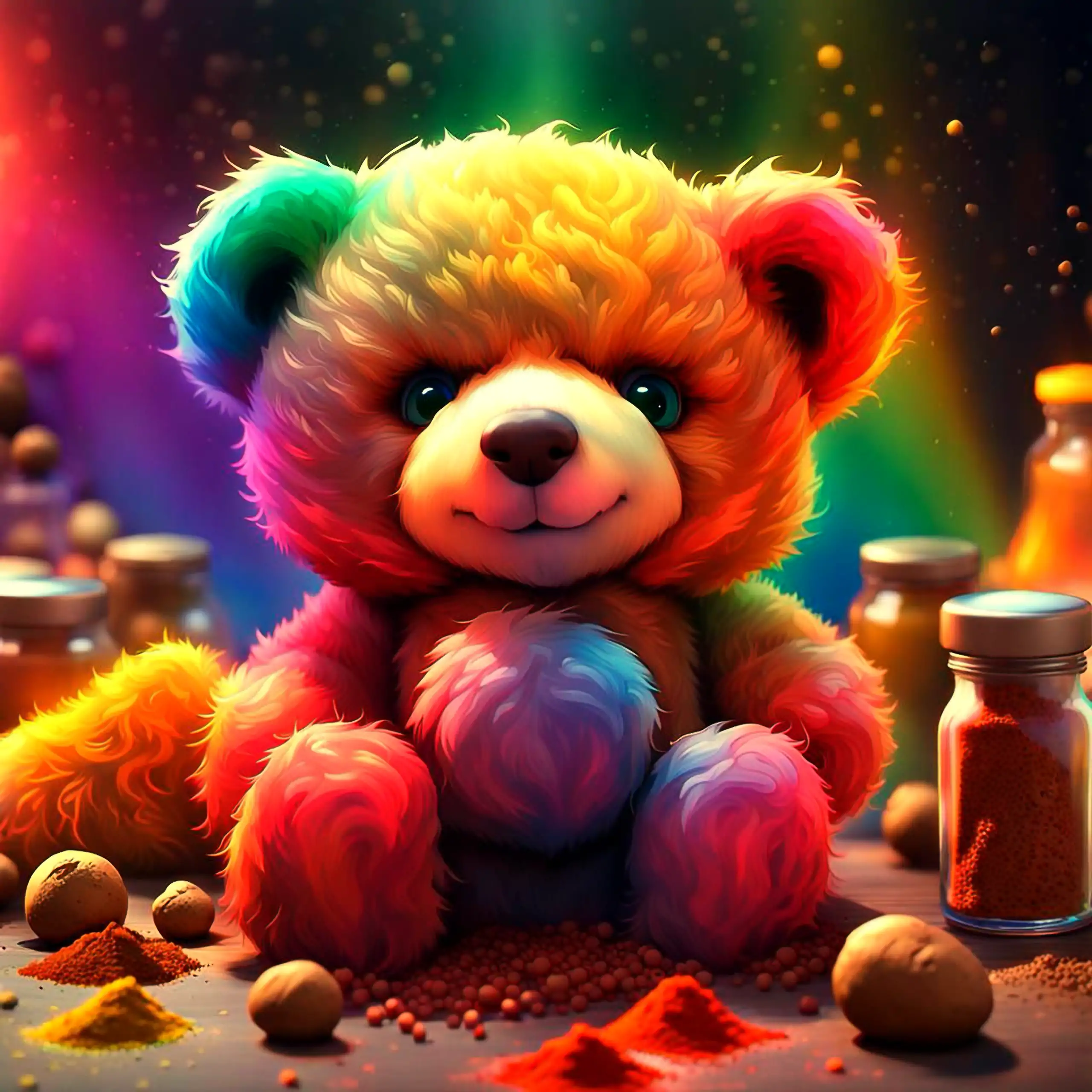 Ein verspielter, regenbogenfarbener Teddybär – das ikonische Berliner Wappentier, das Herzlichkeit, Sinnlichkeit, Zuneigung und Vertrauen vermittelt – sitzt in einer magischen Szene umgeben von bunten Gewürzpulvern, Gläsern und leuchtenden Lichtern in krä