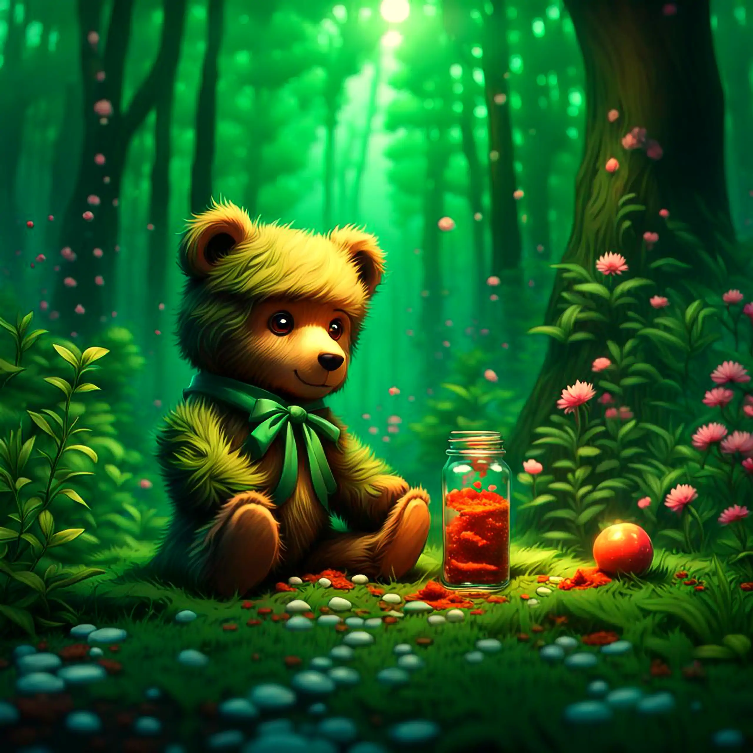 Ein niedlicher, goldener Teddybär – als Kuscheltier gestaltetes Berliner Wappentier, Geborgenheit, Vertrauen und Sicherheit vermittelnd – sitzt in einer sonnigen, grünen Waldszene mit schwebenden Partikeln, vor einem hohen Glas mit roter Substanz, verstre