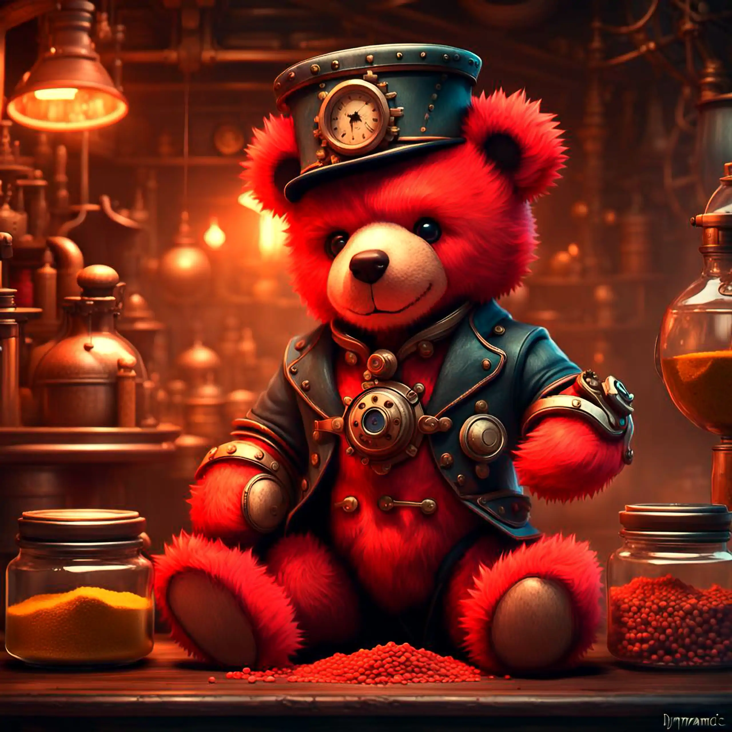 Ein charmanter, roter Teddybär – das ikonische Berliner Wappentier, das pure Geborgenheit, Vertrauen und herzerwärmendes Wohlgefühl vermittelt – sitzt in einem fantasievollen Steampunk-Cosplay-Stil mit Kapitäns-Hut, Uhr, Lederjacke und Zahnrädern in einer