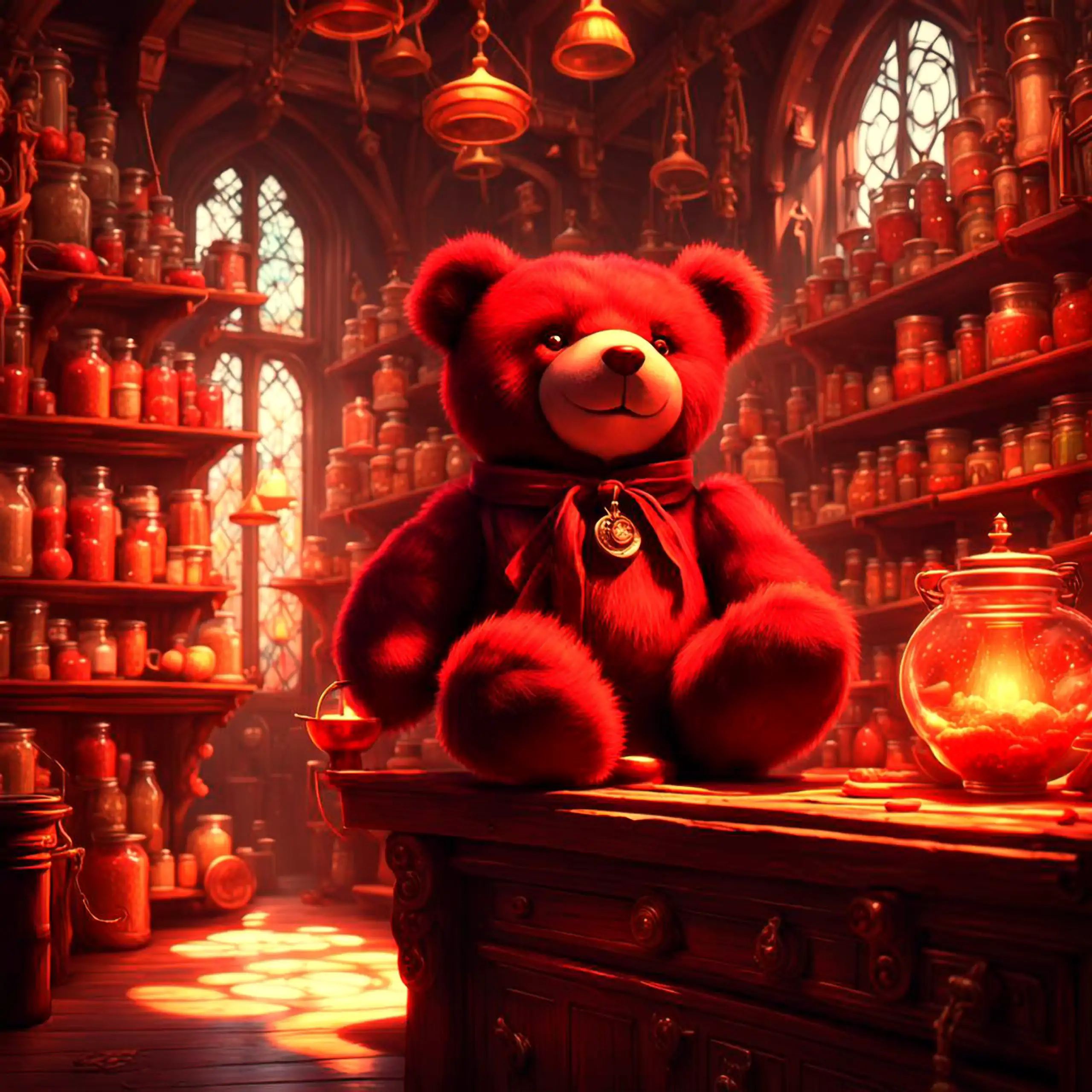 Ein charmanter, roter Teddybär – das ikonische Berliner Wappentier, das pure Geborgenheit, Vertrauen und herzerwärmendes Wohlgefühl vermittelt – sitzt in einer mystischen, warm beleuchteten Gewürzhandlung mit gotischen Fenstern und hängenden Lampen, umgeb