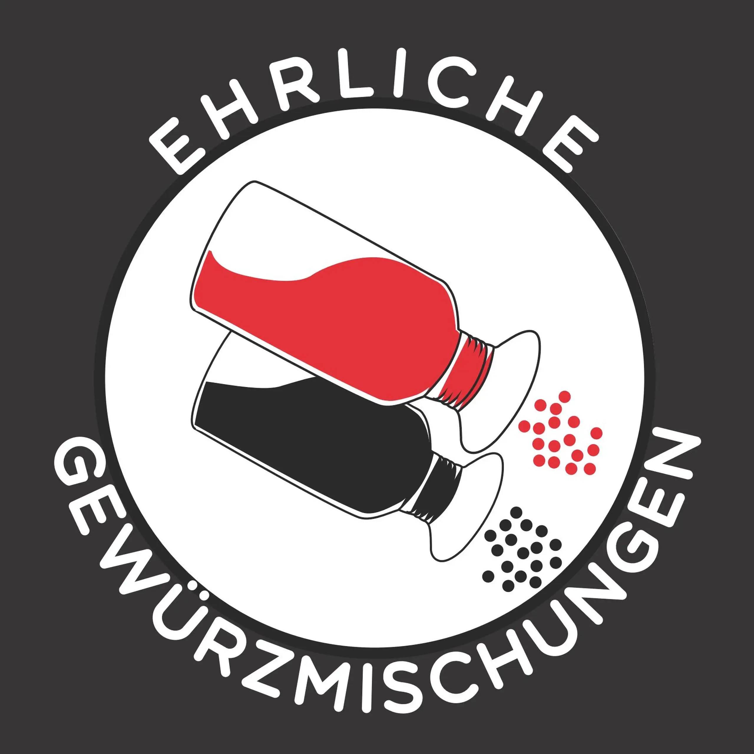 Originalaufkleber "Ehrliche Gewürzmischungen" auf dem Trägermaterial: Eine vollflächige Abbildung des Support-Aufklebers mit dem prominenten Claim "EHRLICHE GEWÜRZMISCHUNGEN" in weißer Schrift auf dem schwarzen, runden Rahmen, mit der stilisierten Illustr