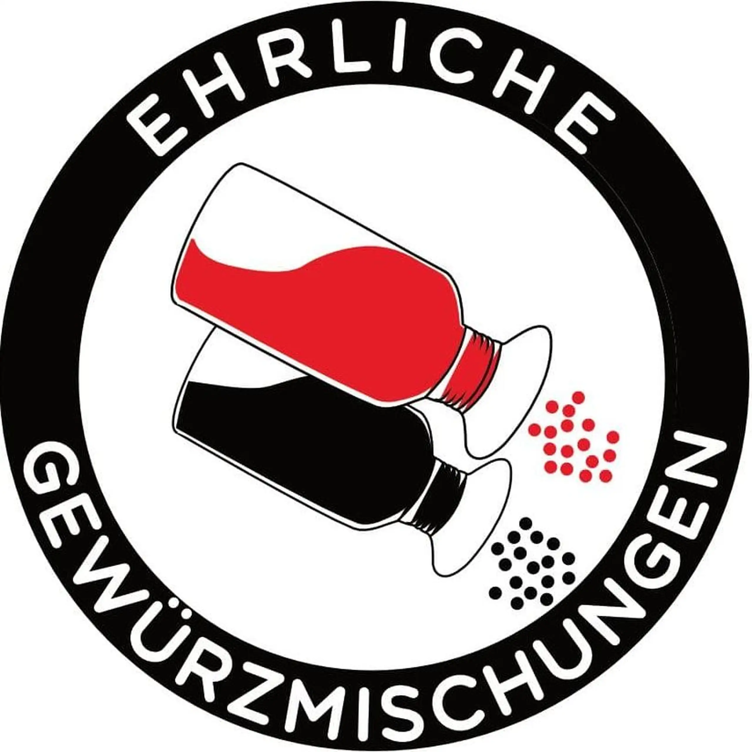 Vorlagegrafik des Körrie-Support-Aufklebers (Körrie KSA) "Ehrliche Gewürzmischungen": Eine weiße, runde Voransicht der Vorlagegrafik als Ansicht des Aufklebers, mit dem prominenten Claim "EHRLICHE GEWÜRZMISCHUNGEN" in weißer Schrift auf dem schwarzen, run