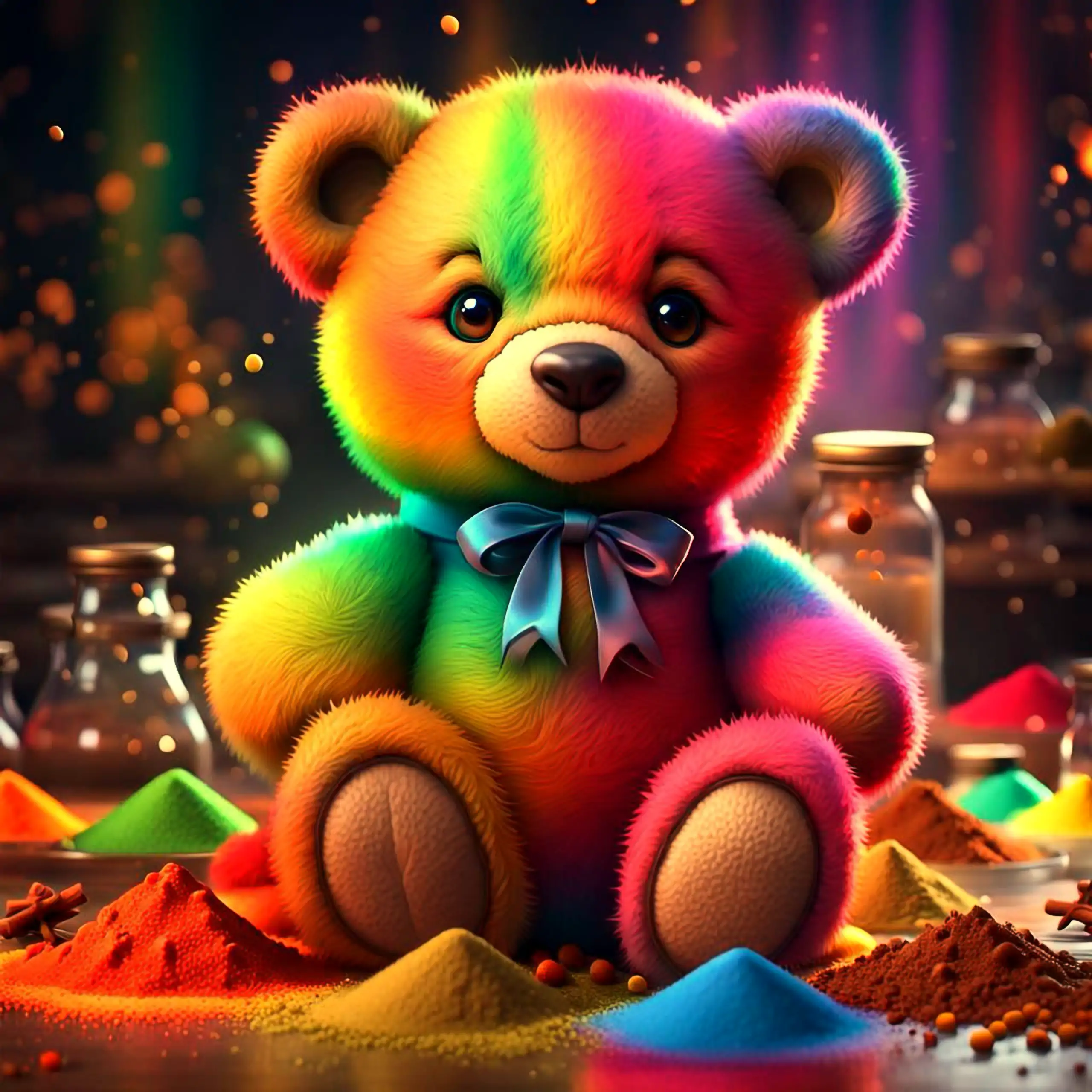 Ein kuscheliger Teddybär mit buntem Fellkleid – Berliner Wappentier, das Geborgenheit, Vertrauen und Wohlgefühl vermittelt – sitzt in einer zauberhaften Szene auf Bergen aus bunten Gewürzpulvern, umgeben von Flaschen und schwebenden Partikeln in kräftigen
