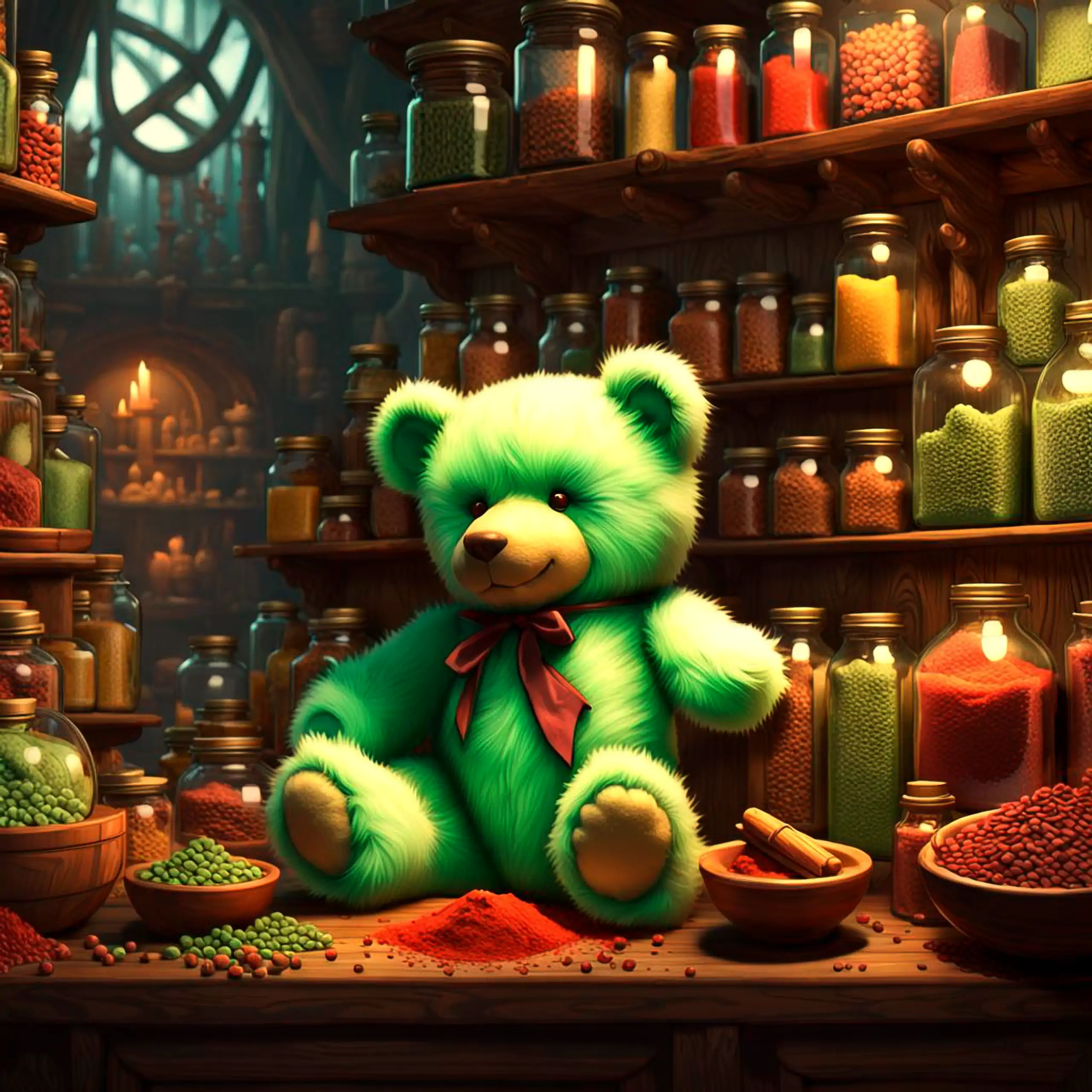 Ein zauberhafter, grüner Teddybär – das ikonische Berliner Wappentier, pure Geborgenheit, Vertrauen und Wohlgefühl bietend – sitzt in einer gemütlichen, kerzenbeleuchteten Gewürzhandlung mit hohen Regalen voller farbenfroher Gläser und Schalen, umgeben vo