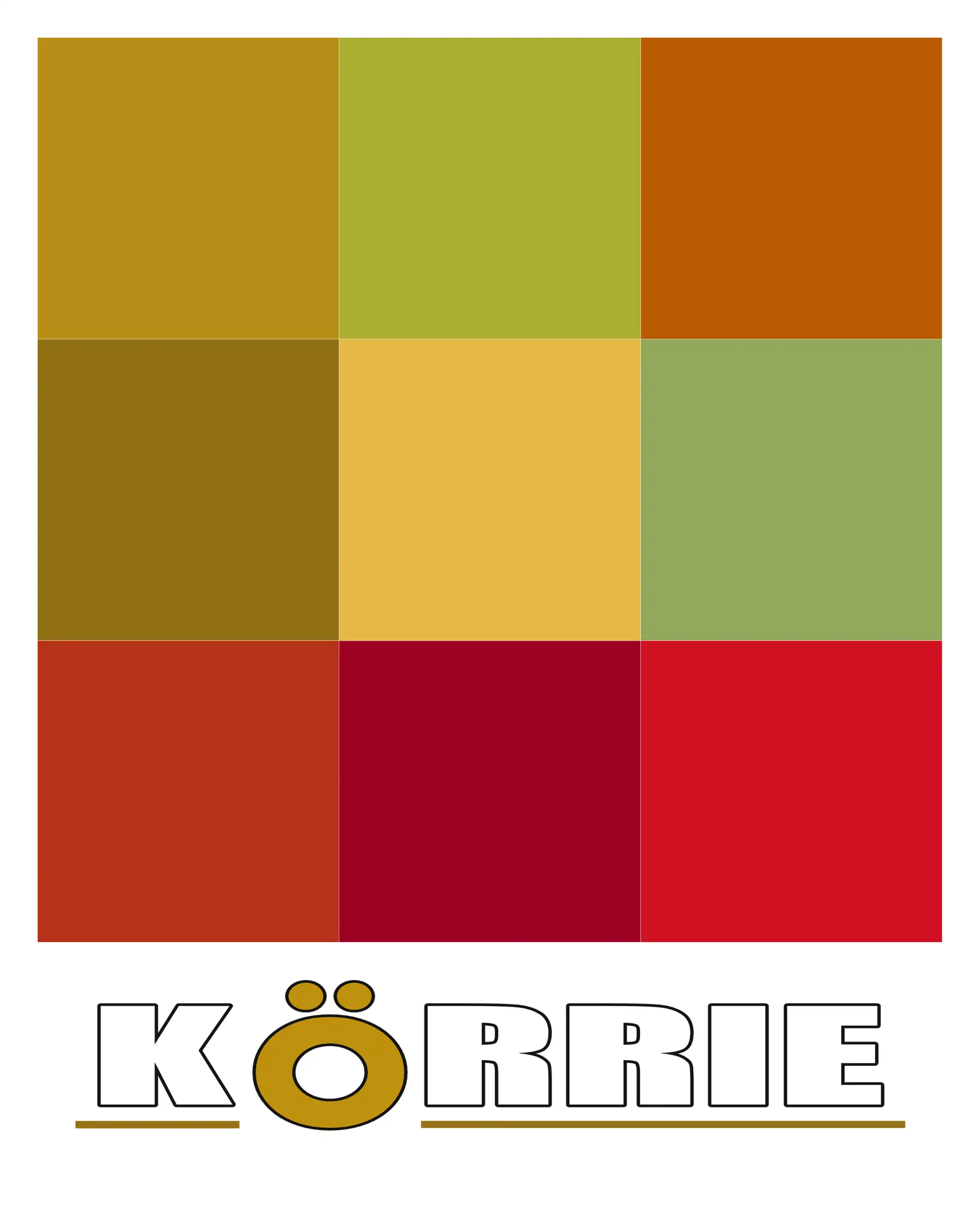 Das Bild zeigt den "Körrie-Farbwürfel" als einladende visuelle Markendarstellung für "Körrie – die ehrliche Gewürzmischungen", ein harmonisches 3x3-Grid warmer, erdiger Farbtöne, die von goldenem Braun über sonniges Gelb und frisches Grün bis zu intensive