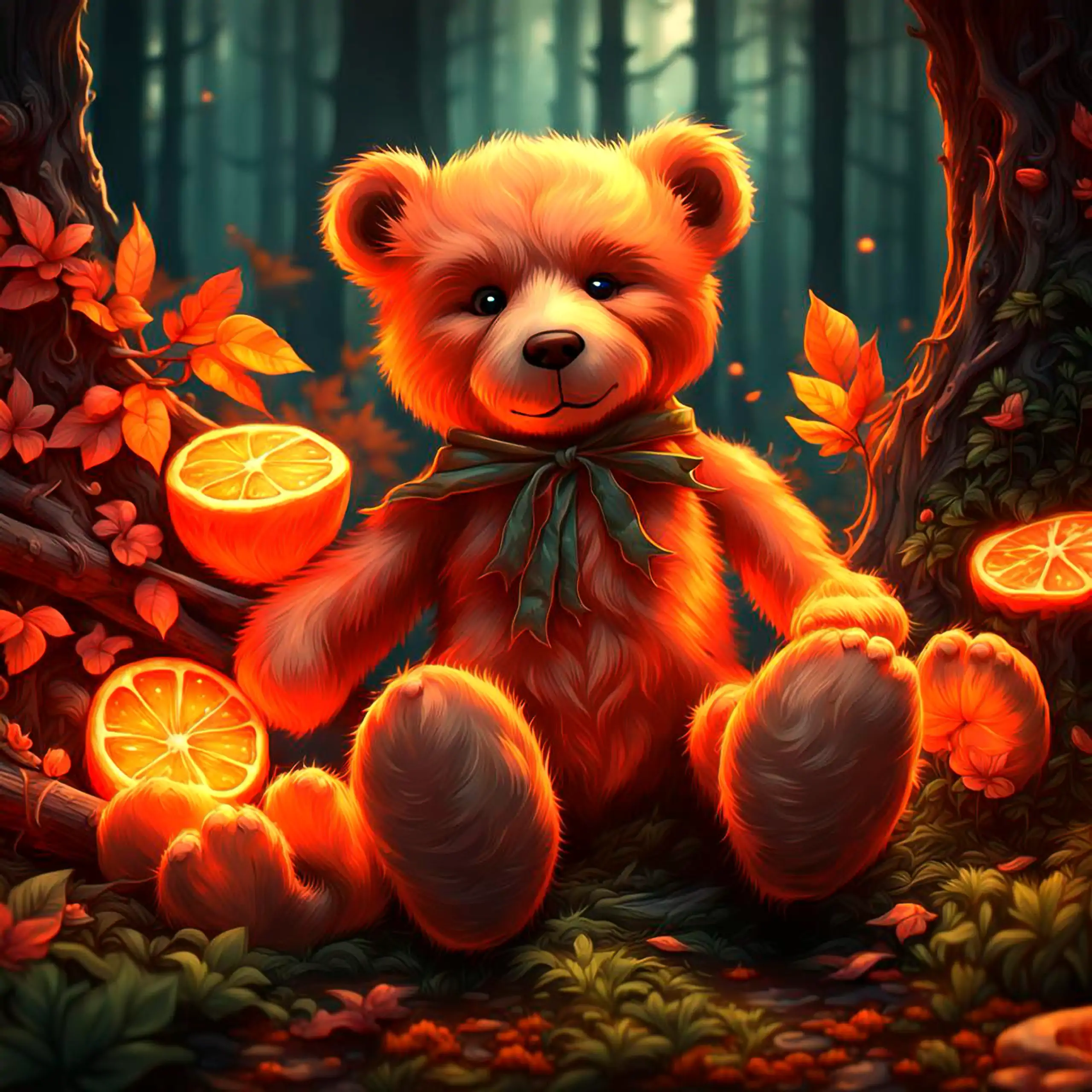 Ein niedlicher, oranger Teddybär – das Berliner Wappentier als Plüschtier, Geborgenheit, Vertrauen und Herzlichkeit vermittelnd – sitzt in einer zauberhaften, herbstlichen Waldszene, umgeben von leuchtenden Orangenscheiben, die wie Laternen strahlen, fall