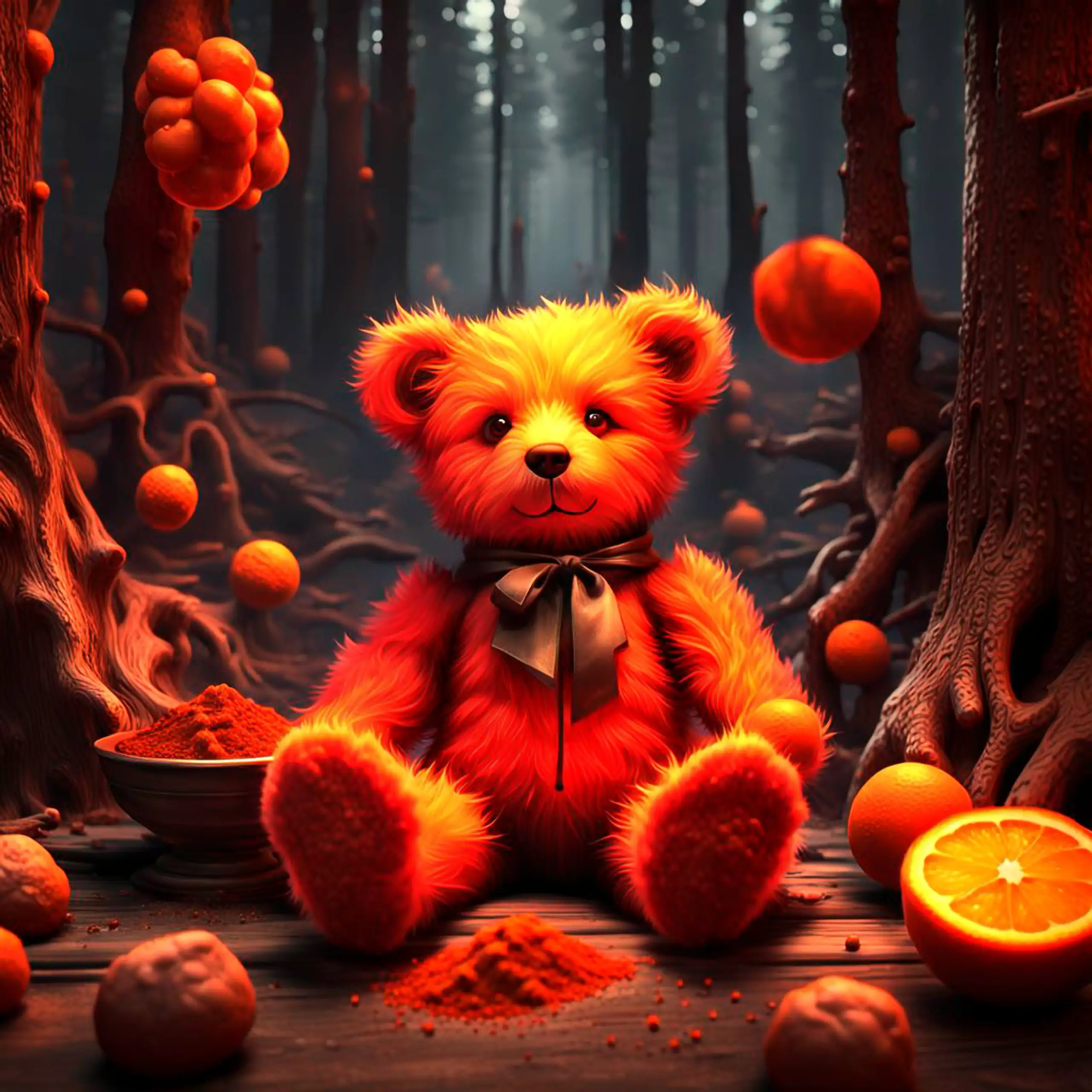 Ein entzückender, oranger Teddybär – ikonisches Wappentier Berlins, das als Plüschtier pure Geborgenheit, Vertrauen und herzerwärmendes Wohlgefühl vermittelt – sitzt in einer mystischen, abendlichen Waldszene umgeben von schwebenden orangen Kugeln, Orange