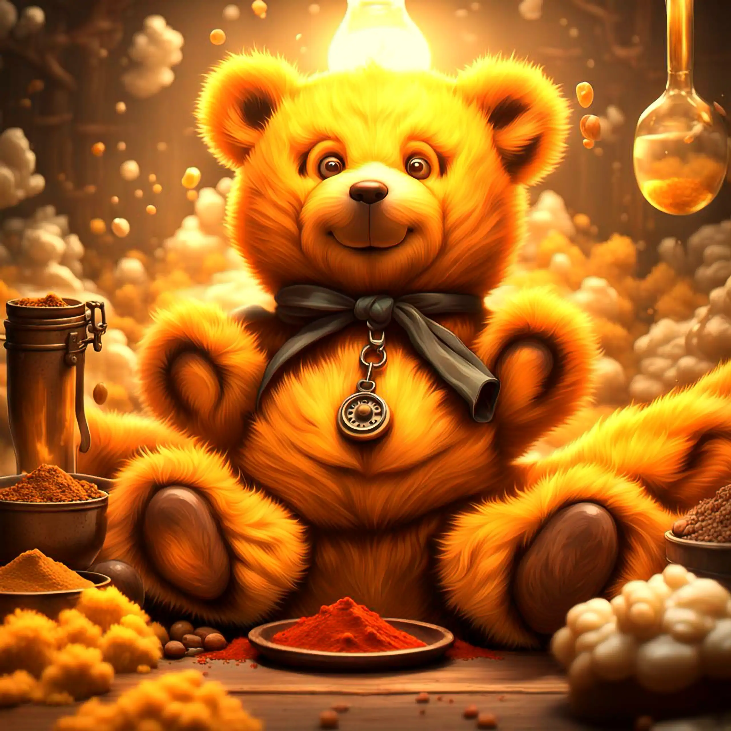 Ein süßer, goldgelber Teddybär – das Berliner Wappentier als Plüschtier, Vertrauen, Behaglichkeit, Wohlgefühl und Sicherheit bietend – sitzt in einer zauberhaften, alchemistischen Szene mit schwebenden goldenen Partikeln und einer tropfenförmigen Phiole, 