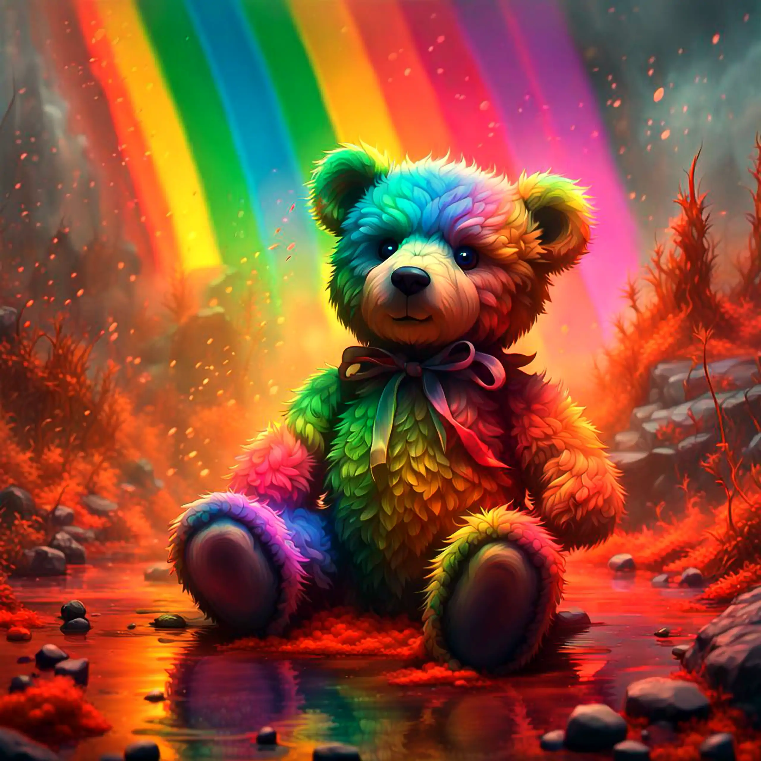 Ein freundlich-aufgeschlossener Teddybär mit buntem Fell – das stilisierte Wappentier Berlins – sitzt in einer mystischen, feurigen Landschaft mit schwebenden Partikeln, im Hintergrund ein kraftvoll strahlender Regenbogen, umgeben von roten Pflanzen und e