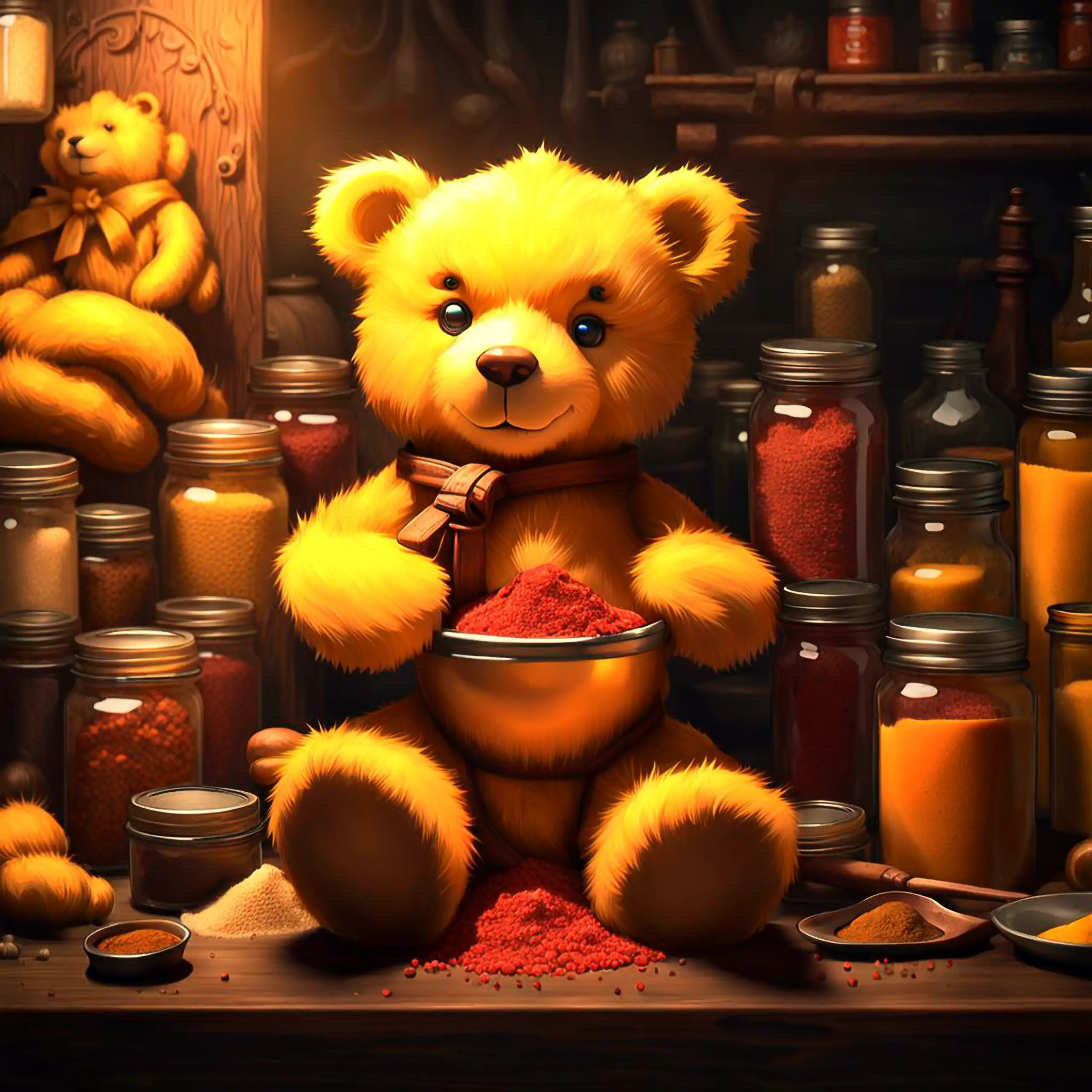 Ein niedlicher, goldgelber Teddybär – das ikonische Berliner Wappentier, das pure Geborgenheit, Vertrauen und herzerwärmendes Wohlgefühl vermittelt – sitzt in einer warm beleuchteten Gewürzszene und hält eine Schüssel voller intensiv roter Gewürzmischung,