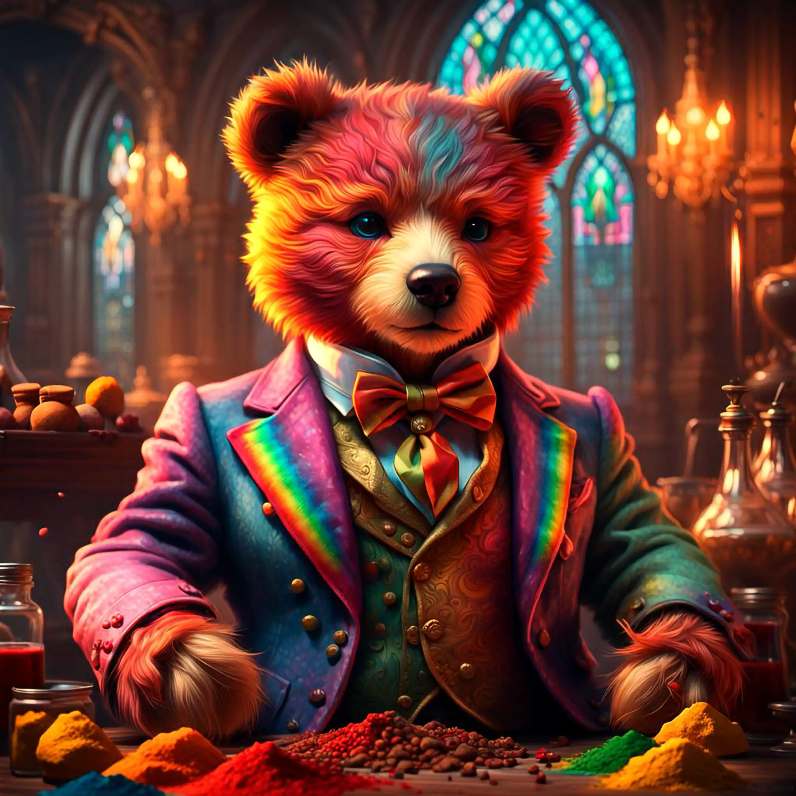 Ein zauberhafter und beeindruckend aufgerichteter Teddybär in regenbogenfarbenem Anzug – das ikonische Berliner Wappentier, Vertrautheit, Geborgenheit und Sicherheit vermittelnd – steht in einem fantasievollen Steampunk-Cosplay-Stil mit viktorianischem An