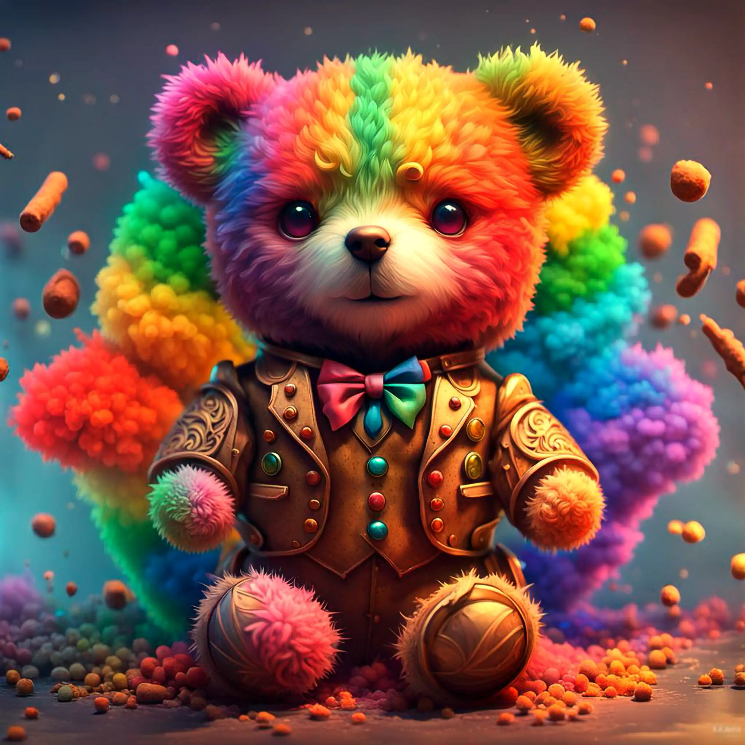 Ein fröhlich schauender, bunt kostümierter Teddybär – das ikonische Berliner Wappentier als Plüschtier, Herzlichkeit, Sinnlichkeit und Vielfalt symbolisierend – sitzt in einem fantasievollen Cosplay-Stil mit goldenem Anzug, Fliege und Verzierungen in eine