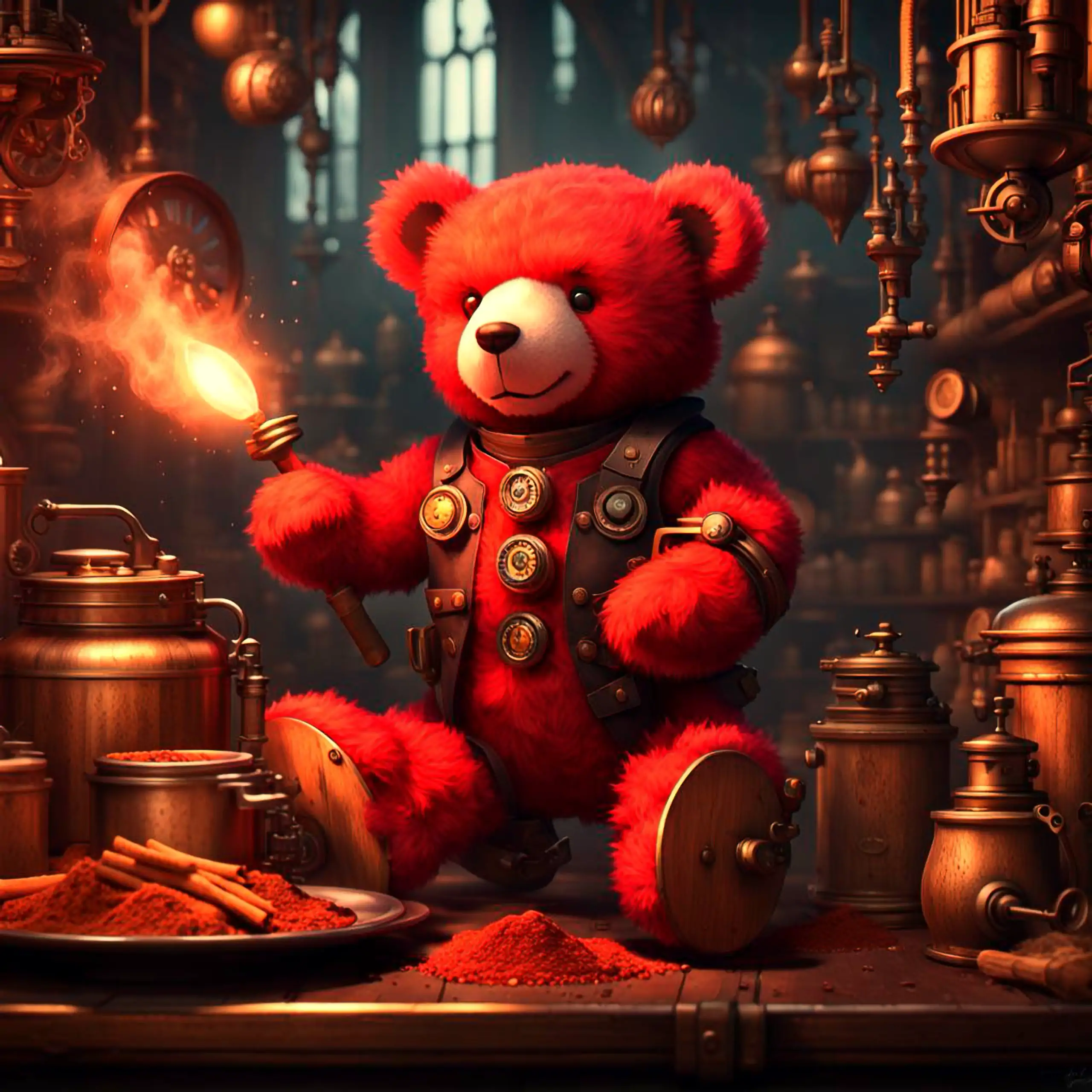 Ein verspielter, roter Teddybär – das ikonische Berliner Wappentier, das Sicherheit, Vertrauen und Herzenswärme bietet – sitzt in einem fantasievollen Cosplay im Steampunk-Stil mit Lederweste, Zahnrädern und brennender Fackel in einer mystischen Alchemist
