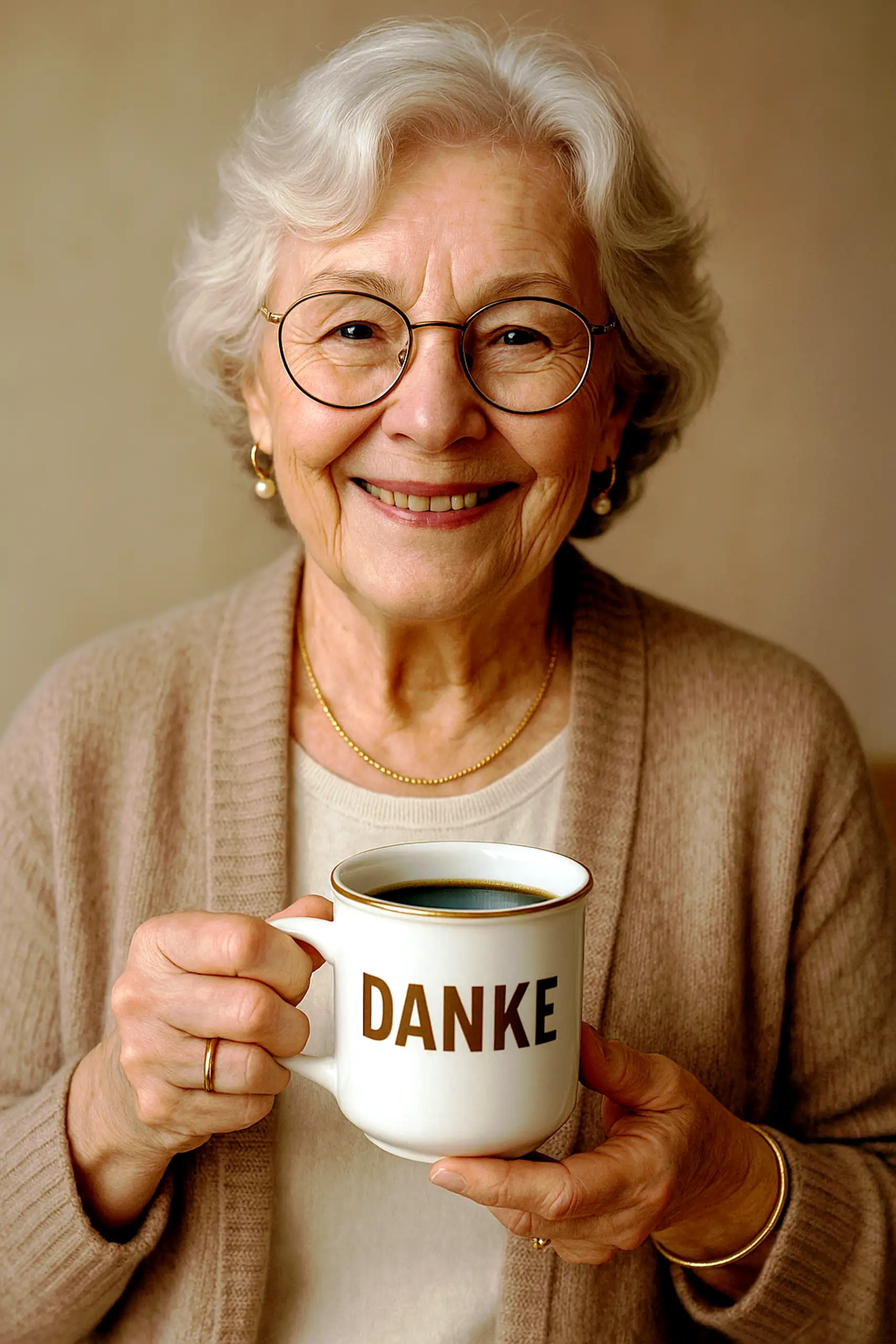 Eine ältere Dame mit silbergrauem Haar und Brille mit großen runden Gläsern lächelt freundlich, während sie eine weiße Tasse mit goldener Umrandung und der Aufschrift "DANKE" mit Kaffee hält. Sie trägt einen beigen Pullover, eine feine Goldkette, goldene 