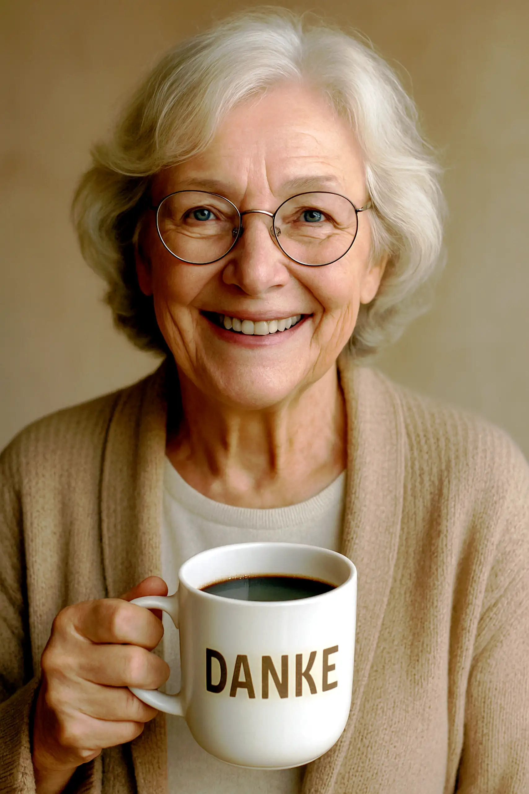 Eine ältere Dame mit silbergrauem Haar und runder Brille lächelt herzlich, während sie eine einfache weiße Tasse mit der Aufschrift "DANKE" hält, gefüllt mit dunklem Kaffee. Sie trägt einen beigen Pullover über einem hellen Top, ohne zusätzlichen Schmuck 