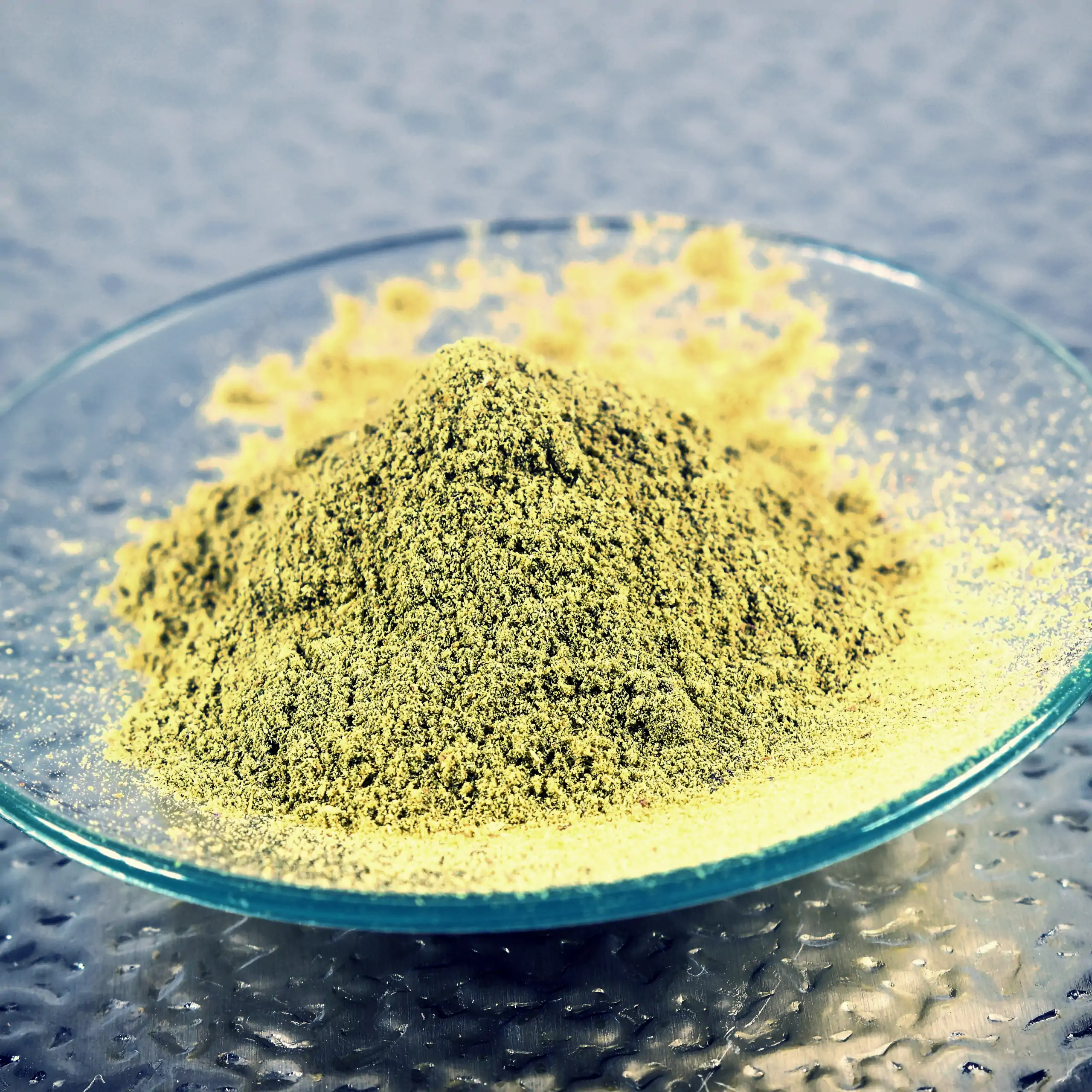 Detailaufnahme der Körrie EK5 Gewürzmischung: Ein Haufen leuchtend gelb-grüner, extra feinpulvriger Kräutermischung in einer transparenten Glasschale auf blau-metallischem Hintergrund, der die hochkonzentrierte, geschmacksintensive Textur für einen frisch