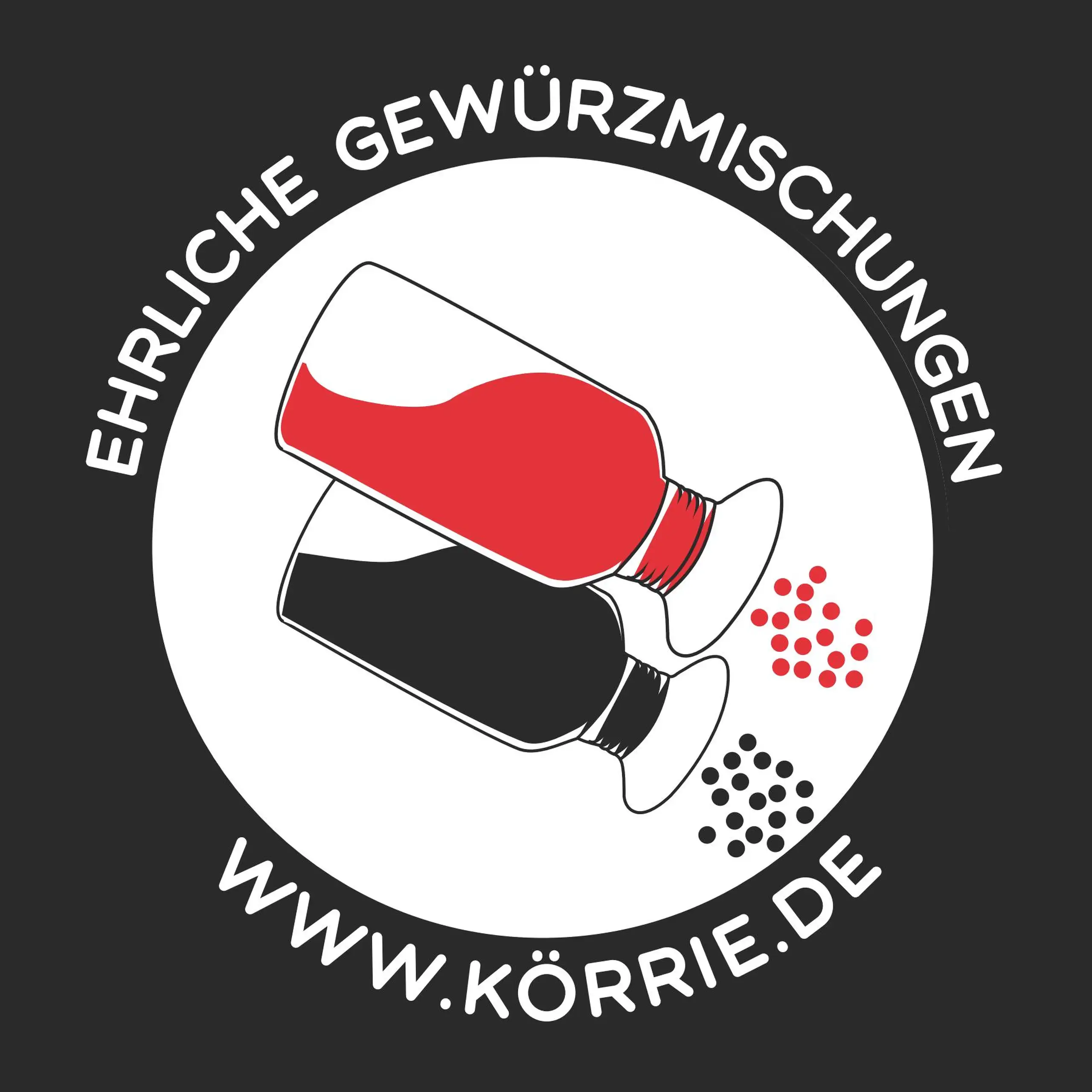 Originalaufkleber "www.körrie.de" in schwarz auf dem Trägermaterial: Eine vollflächige Abbildung des Support-Aufklebers mit dem prominenten Claim "EHRLICHE GEWÜRZMISCHUNGEN" in weißer Schrift auf dem schwarzen, runden Rahmen, mit der stilisierten Illustra