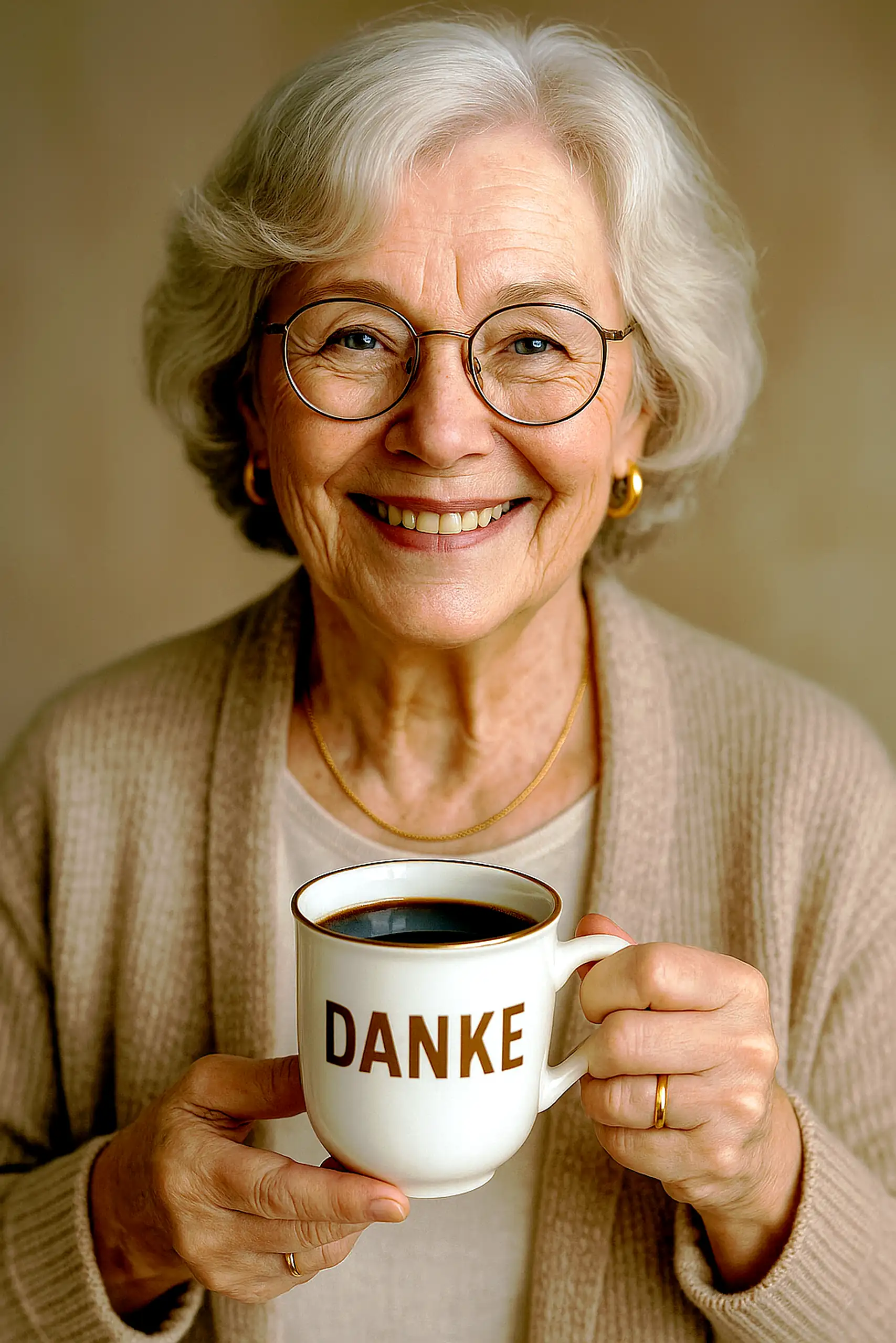 Eine ältere Dame mit silbergrauem Haar und Brille zeigt ein warmes Lächeln, während sie eine weiße Tasse mit goldener Umrandung und der Aufschrift "DANKE" mit Kaffee hält. Sie trägt einen beigen Pullover, eine dezente Goldkette und goldene Ohrringe, die e