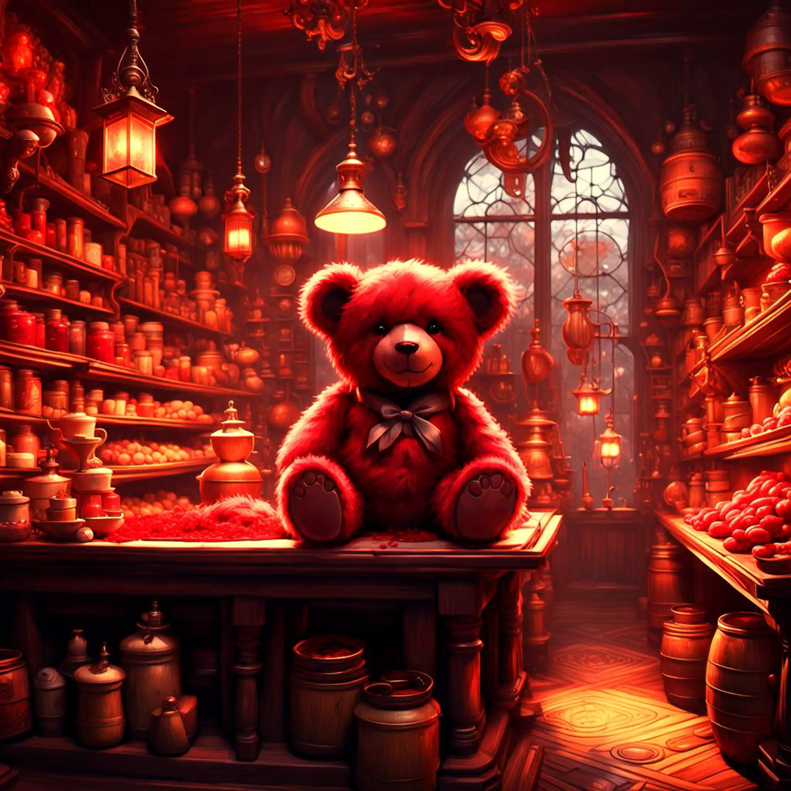Ein süßer, roter Teddybär – das ikonische Berliner Wappentier, als Plüschtier pure Geborgenheit, Vertrauen und herzerwärmendes Wohlgefühl vermittelnd – sitzt in einer magischen, warm beleuchteten Gewürzhandlung mit hohen Regalen voller leuchtender roter G