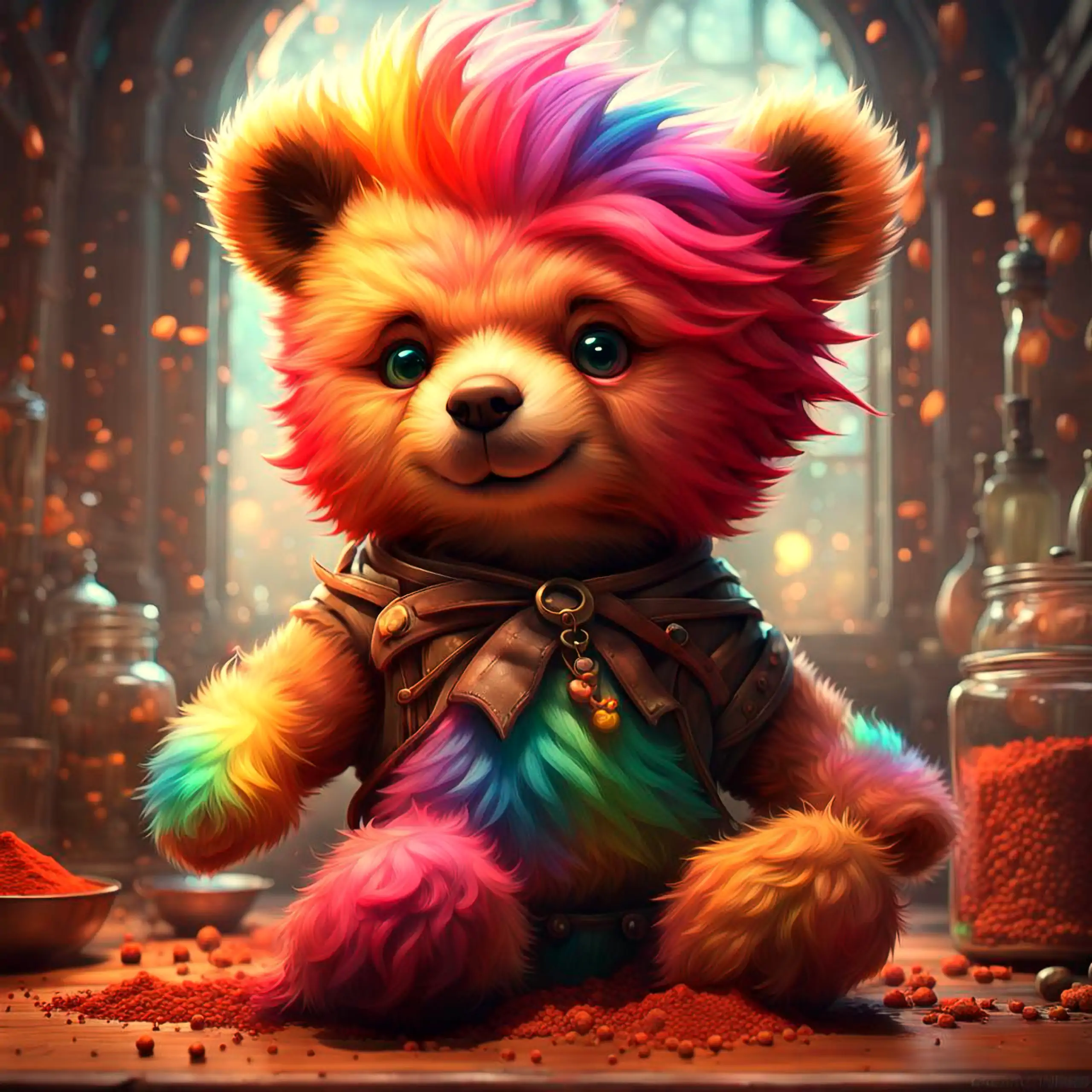 Ein verspielter Teddybär mit regenbogenfarbenem Fellkleid – das ikonische Berliner Wappentier, pure Geborgenheit, Vertrauen und herzerwärmendes Wohlgefühl vermittelnd – sitzt in einem fantasievollen Cosplay-Stil mit buntem Mohawk, Lederweste und Amulett i