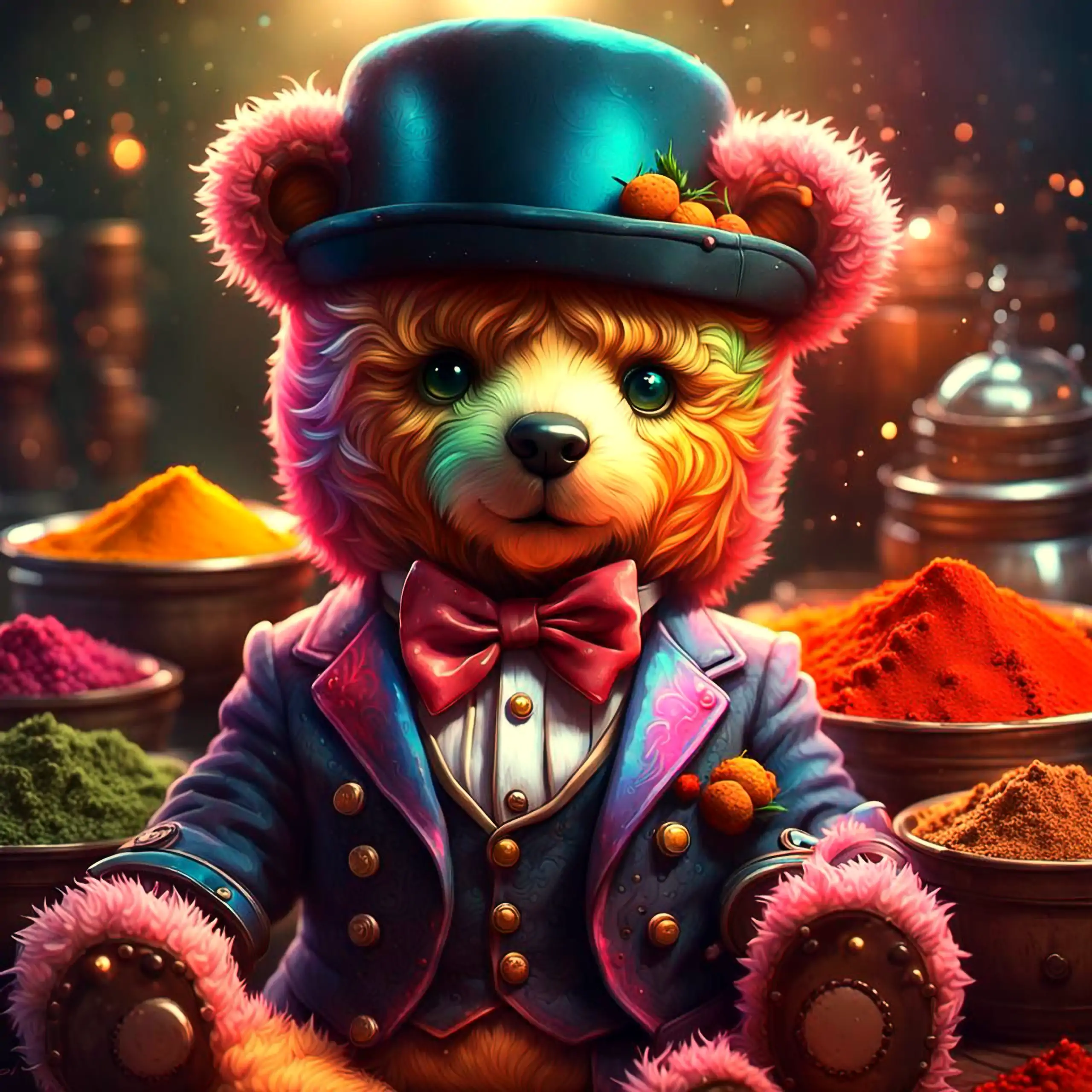 Ein charmanter, regenbogenfarbener Teddybär – das ikonische Berliner Wappentier, das Geborgenheit, Vertrauen, Wärme und Wohlgefühl vermittelt – sitzt in einem fantasievollen Cosplay-Stil mit Steampunk-Elementen wie einem türkisen Hut mit Früchten, einem p