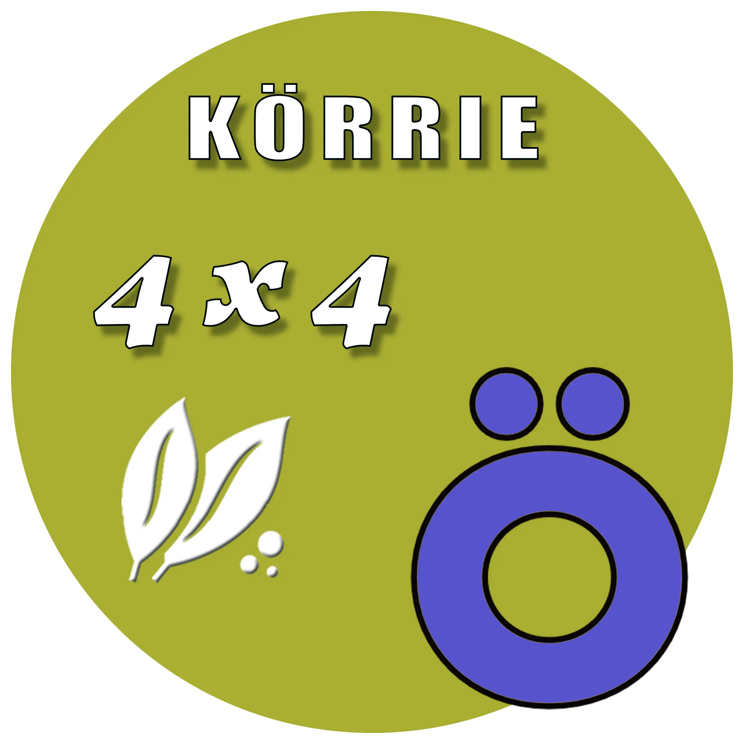 Produkt-Button für Körrie 4x4 | Würzige Kräuter: Ein gelbgrüner, runder Button mit weißem Text "KÖRRIE 4x4", stilisierten Blättern und einem prominenten "Ö"-Symbol (das "Ö" aus dem Logo von "Körrie - die ehrlichen Gewürzmischungen"), symbolisierend natürl