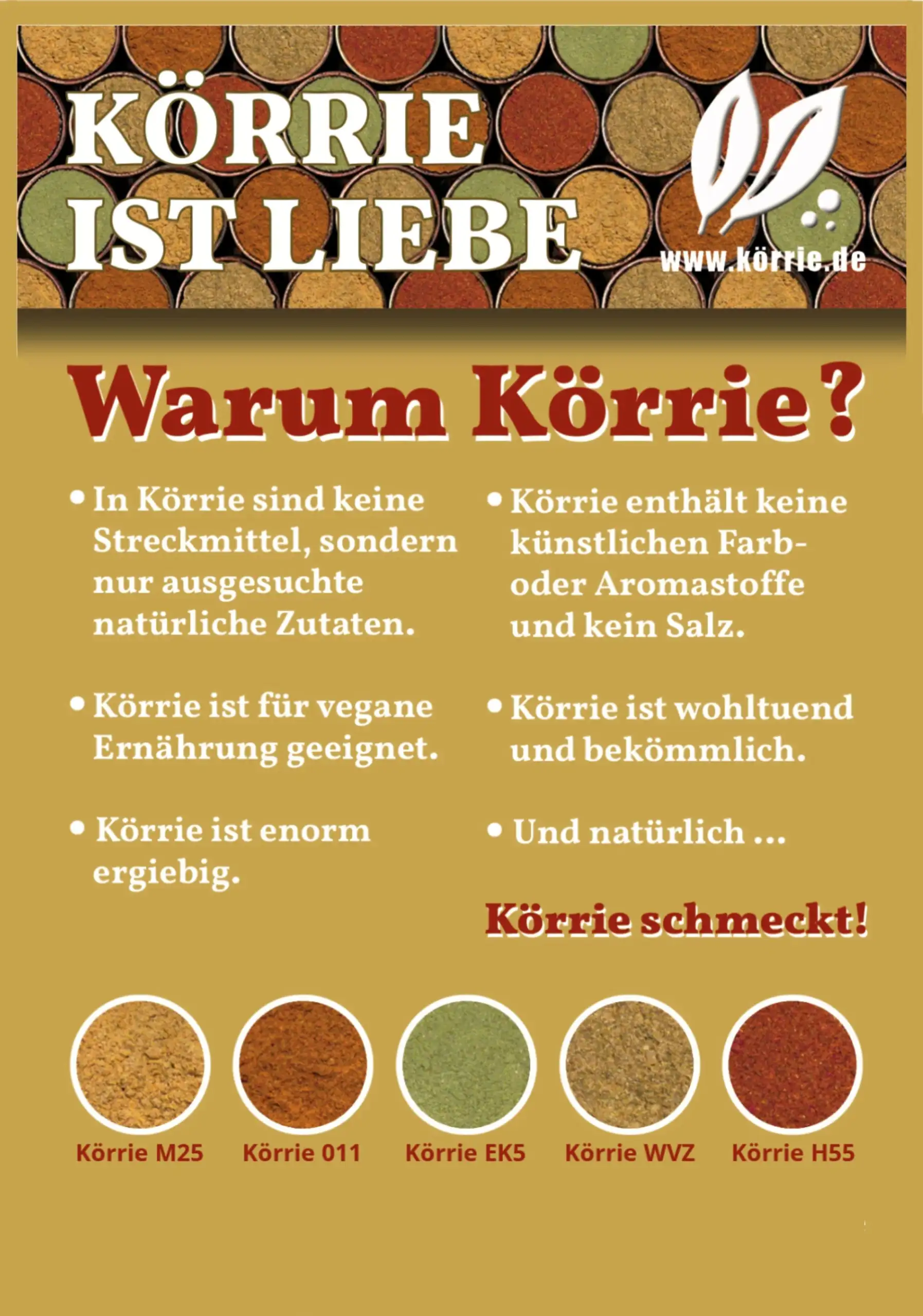 Zusätzliches Bild des Körrie-Geschenkgutscheins / Körrie KGG: Die Rückseite des Geschenkgutscheins als ansprechender Werbeflyer mit goldenem Hintergrund, dem Slogan "KÖRRIE IST LIEBE" und Erklärungen zu den Vorteilen, wie natürliche Zutaten ohne Streckmit