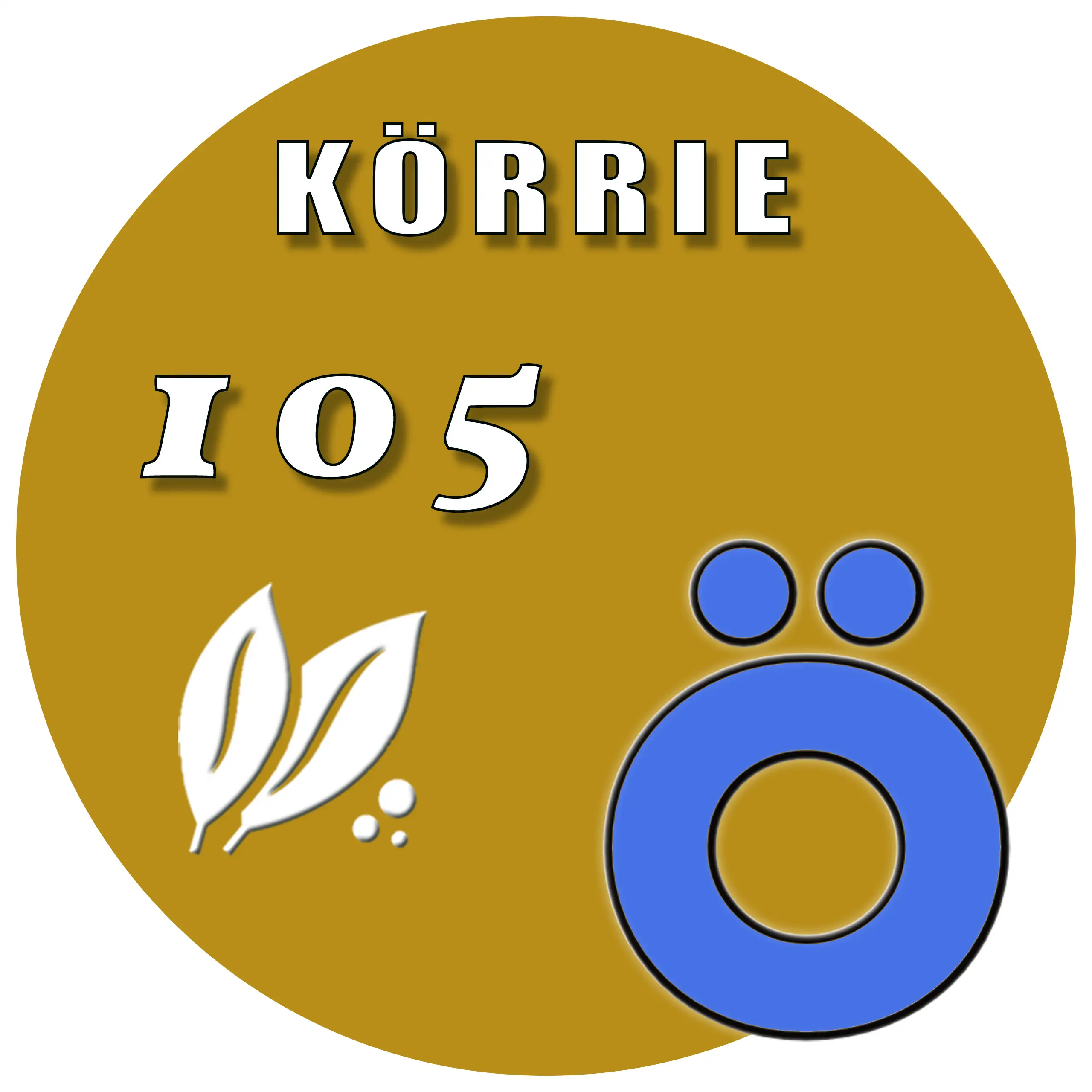 Produkt-Button für Körrie 105 | Das Wohltuende: Ein curryfarbener, runder Button mit weißem Text "KÖRRIE 105", stilisierten Blättern und einem prominenten "Ö"-Symbol (das "Ö" aus dem Logo von "Körrie - die ehrlichen Gewürzmischungen"), symbolisierend natü