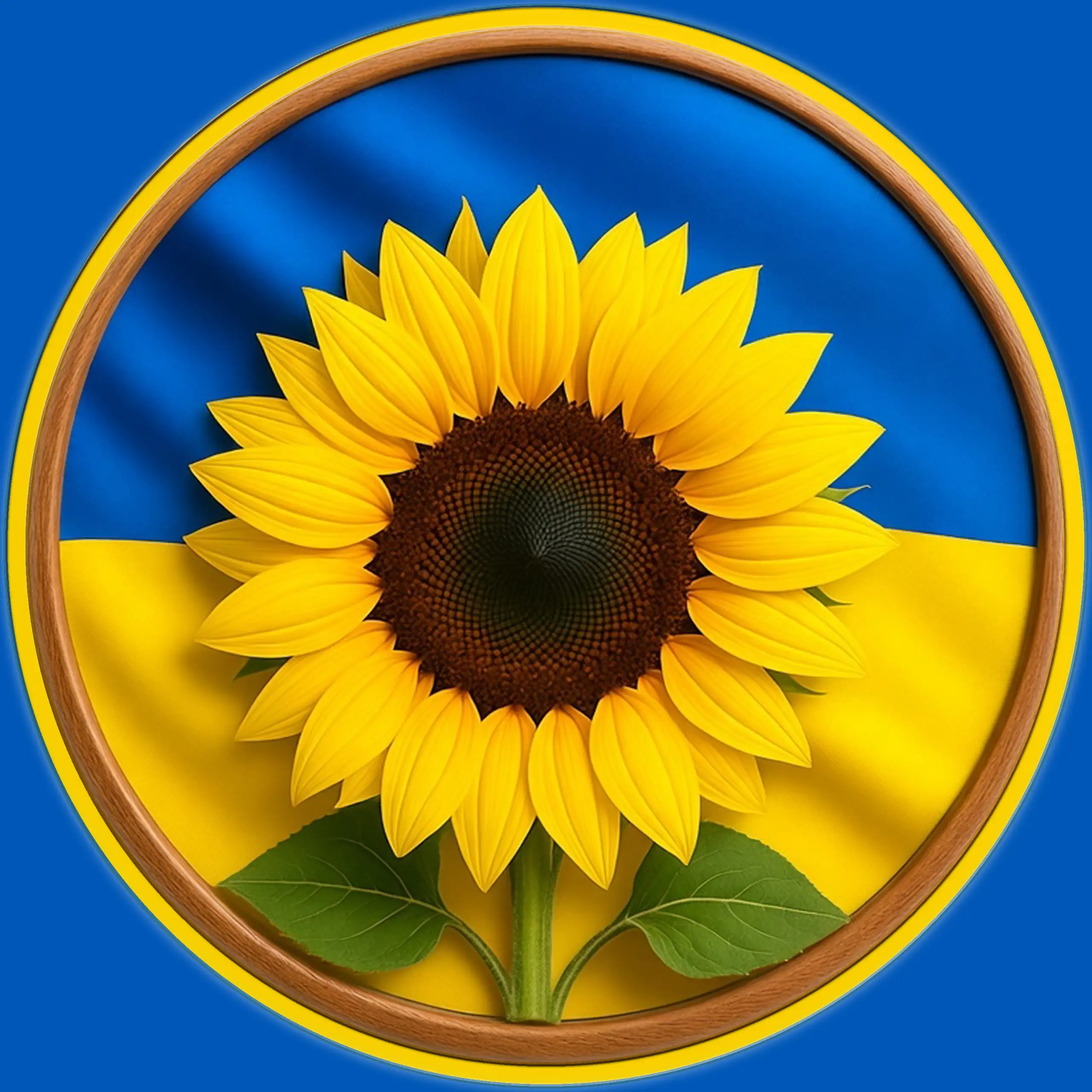 Vorschaubild der Preisgruppe 5 (höchste von fünf) des gestickten Körrie-Fan-Patch (KFP) von @kauftkoerrie, mit einem Sonnenblumen-Motiv vor der ukrainischen Flagge in Blau und Gelb, hergestellt for Körrie, ehrliche Gewürzmischungen aus Berlin. Ein Teil de