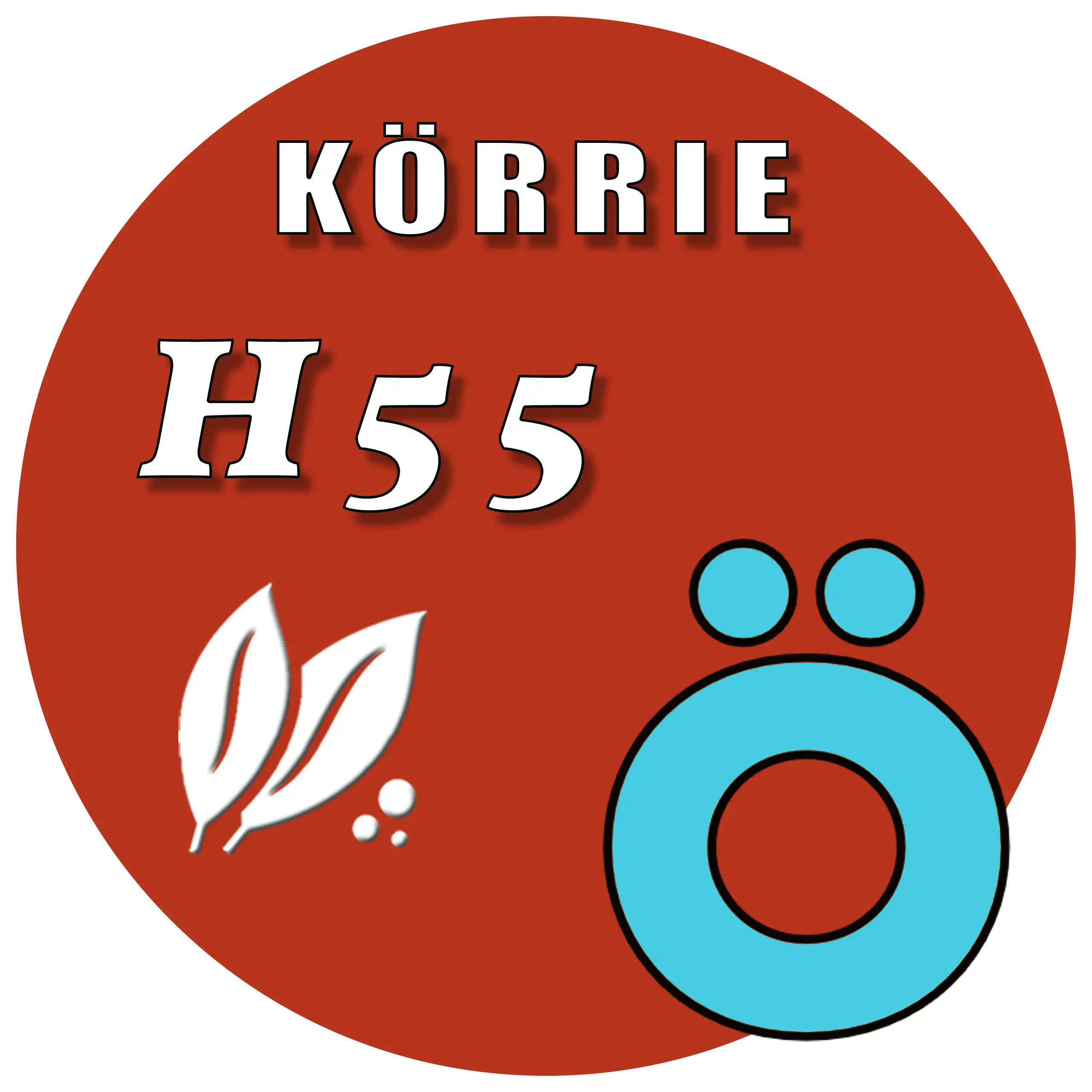 Produkt-Button für Körrie H55 | Das Herzhafte: Ein warmroter, runder Button mit weißem Text "KÖRRIE H55", stilisierten Blättern und einem prominenten "Ö"-Symbol (das "Ö" aus dem Logo von "Körrie - die ehrlichen Gewürzmischungen"), symbolisierend natürlich
