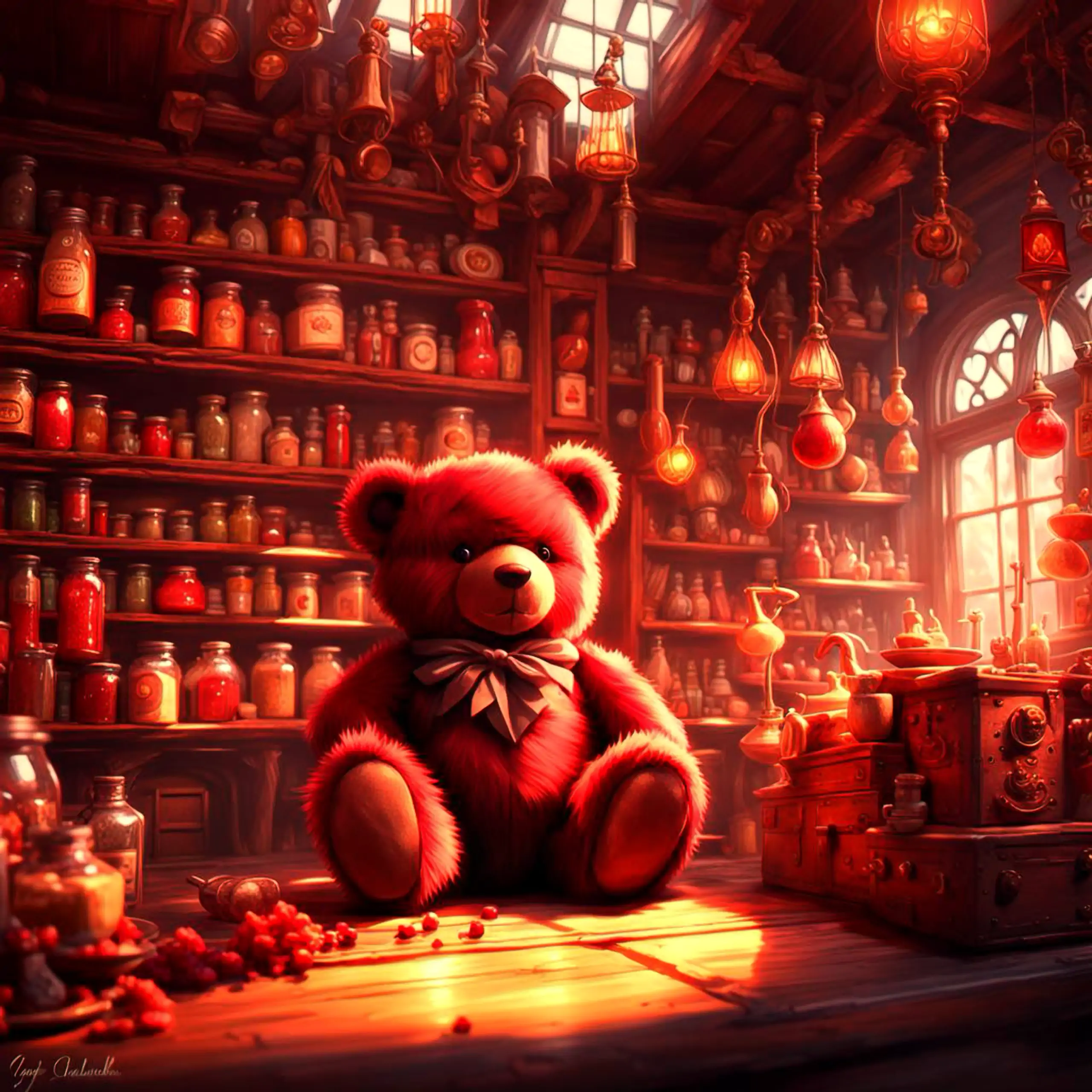Ein niedlicher, roter Teddybär – das Berliner Wappentier als Geborgenheit, Wärme und Vertrauen vermittelndes Plüschtier – sitzt in einer gemütlichen, warm beleuchteten Gewürzhandlung mit hohen Regalen voller farbenfroher Gläser und Flaschen, umgeben von v