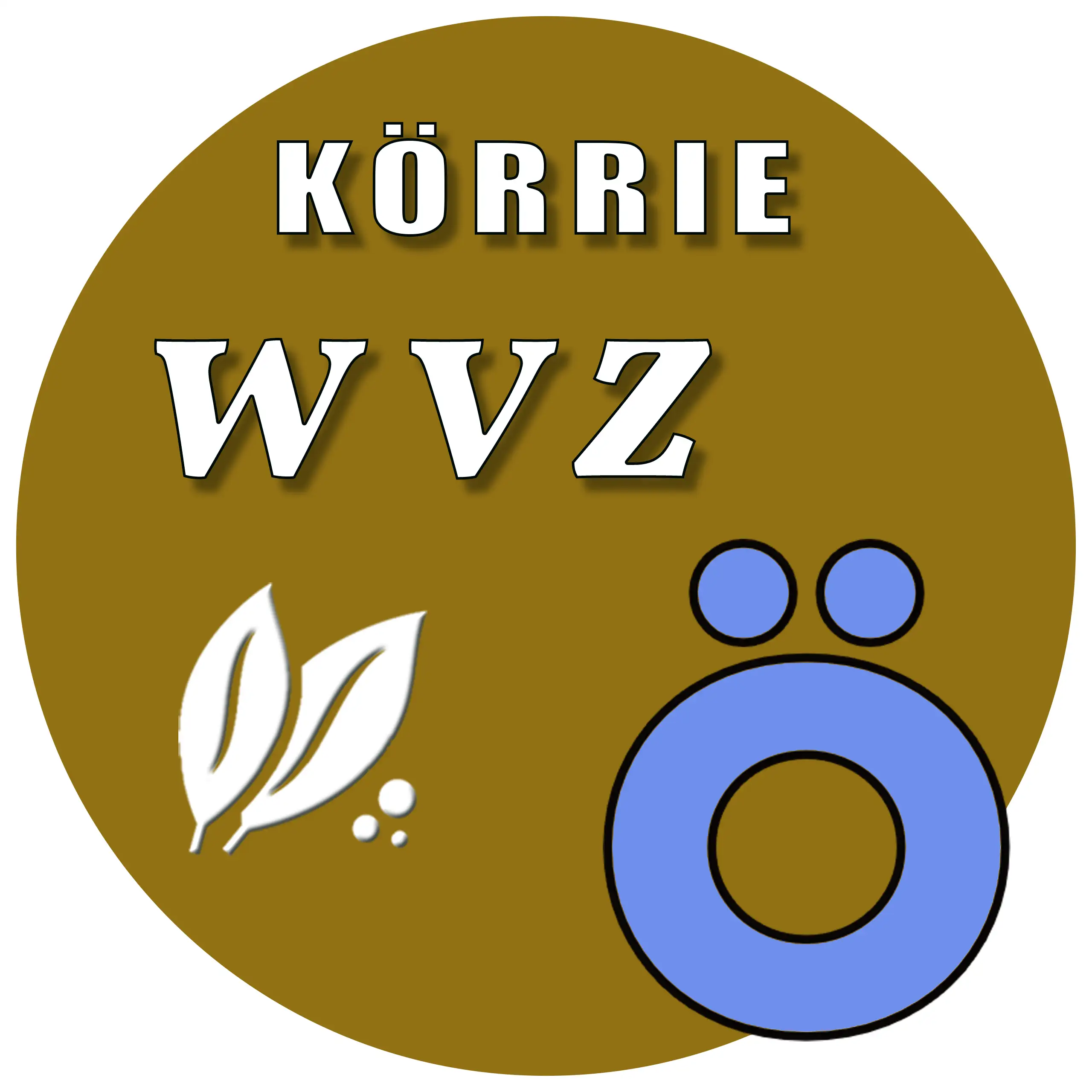 Produkt-Button für Körrie WVZ | Würzig-süße Mischung: Ein goldbrauner, runder Button mit weißem Text "KÖRRIE WVZ", stilisierten Blättern und einem prominenten "Ö"-Symbol (das "Ö" aus dem Logo von "Körrie - die ehrlichen Gewürzmischungen"), symbolisierend 