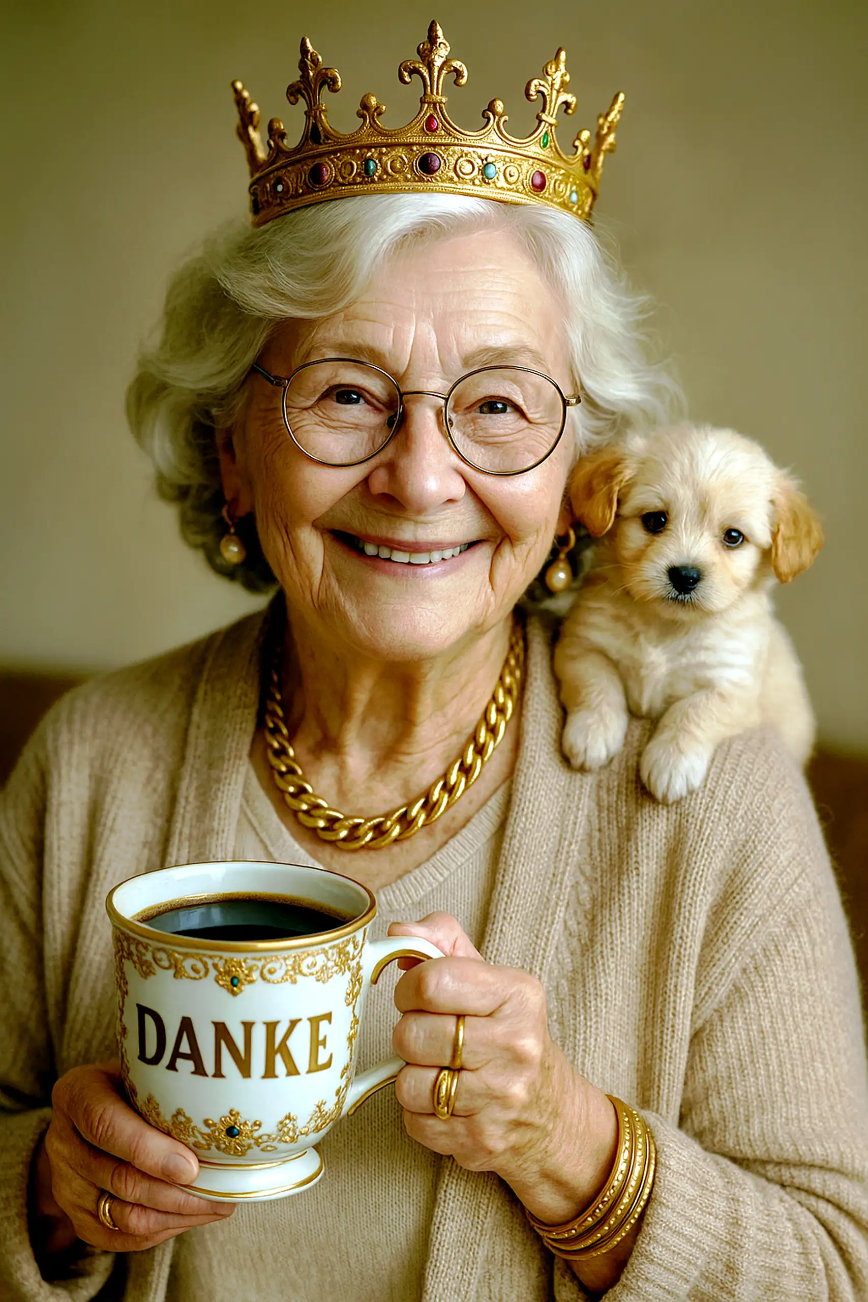 Eine ältere Dame mit silbergrauem Haar und Brille blickt mit einem freundlichen Lächeln, während sie eine luxuriöse Tasse mit goldenen Ornamenten und der Aufschrift "DANKE", gefüllt mit dampfendem Kaffee, auf einer edlen Untertasse balanciert. Sie trägt e